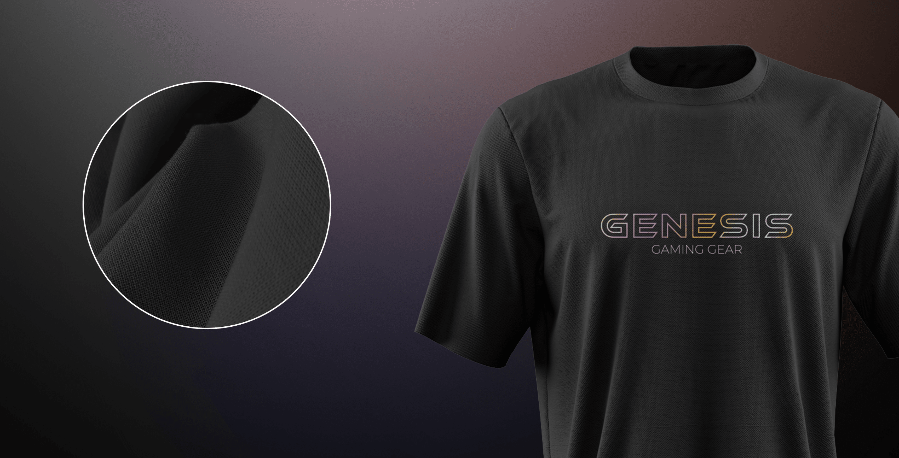 Camiseta negra con el logotipo "GENESIS GAMING GEAR" en letras holográficas de colores. Detalle de la textura del tejido