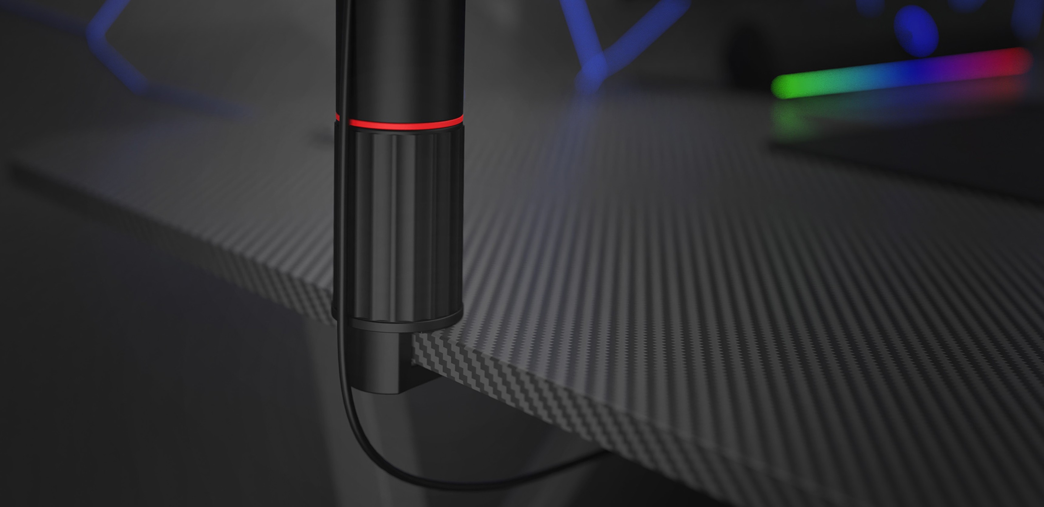 Brazo de micrófono para Genesis Thulium 700, con un elegante diseño negro con un acento rojo, montado sobre una superficie texturizada