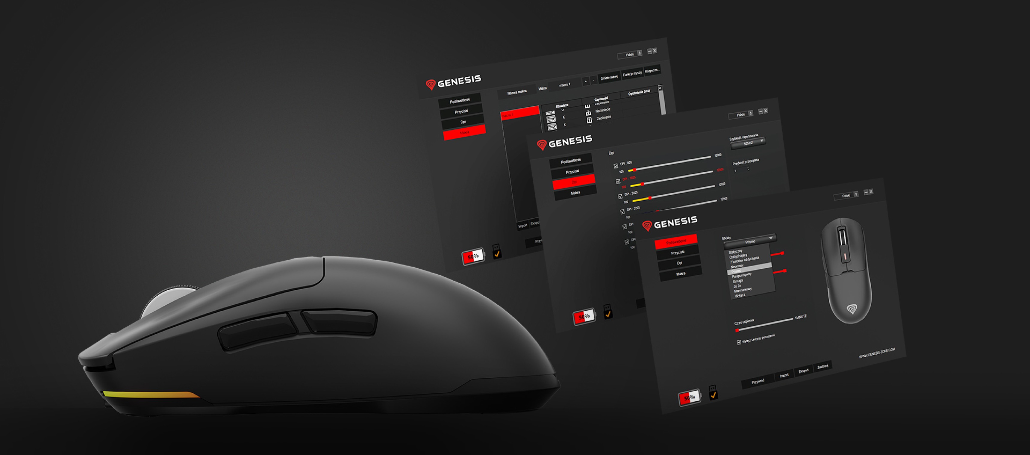 Ratón inalámbrico para juegos Genesis Zircon 660, con ajustes personalizables sobre fondo negro e interfaz de software