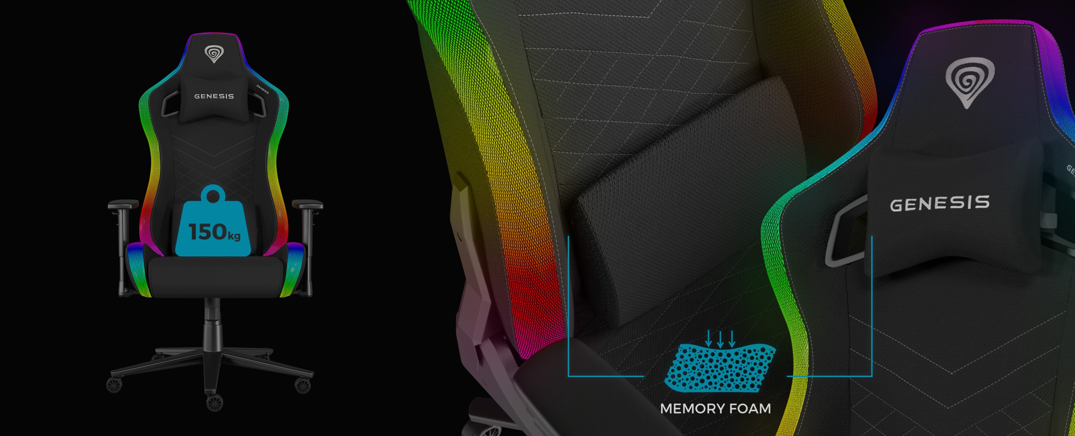 Silla de juego negra con funciones de iluminación RGB, soporte de espuma con memoria y una capacidad de peso de 150 kg
