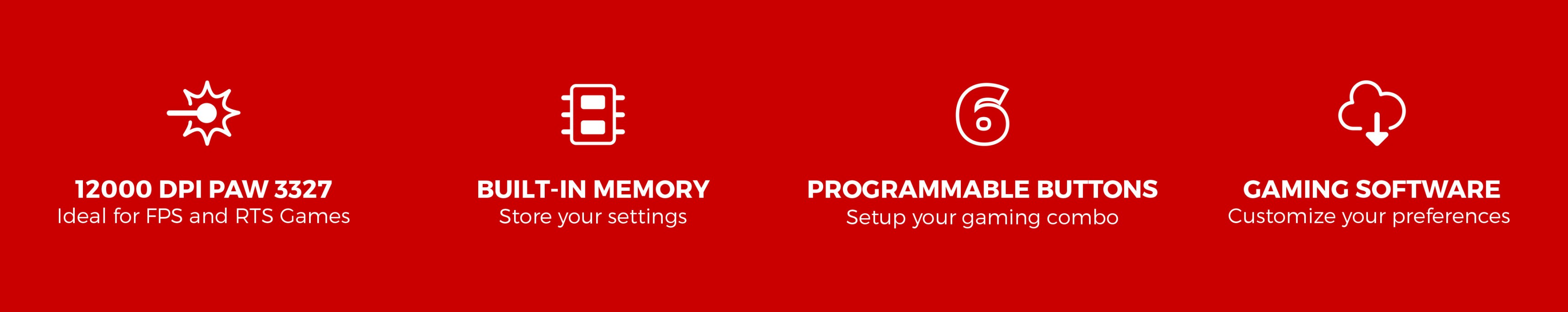 Características del ratón para juegos: 12000 DPI, memoria integrada, botones programables y software de juego personalizable