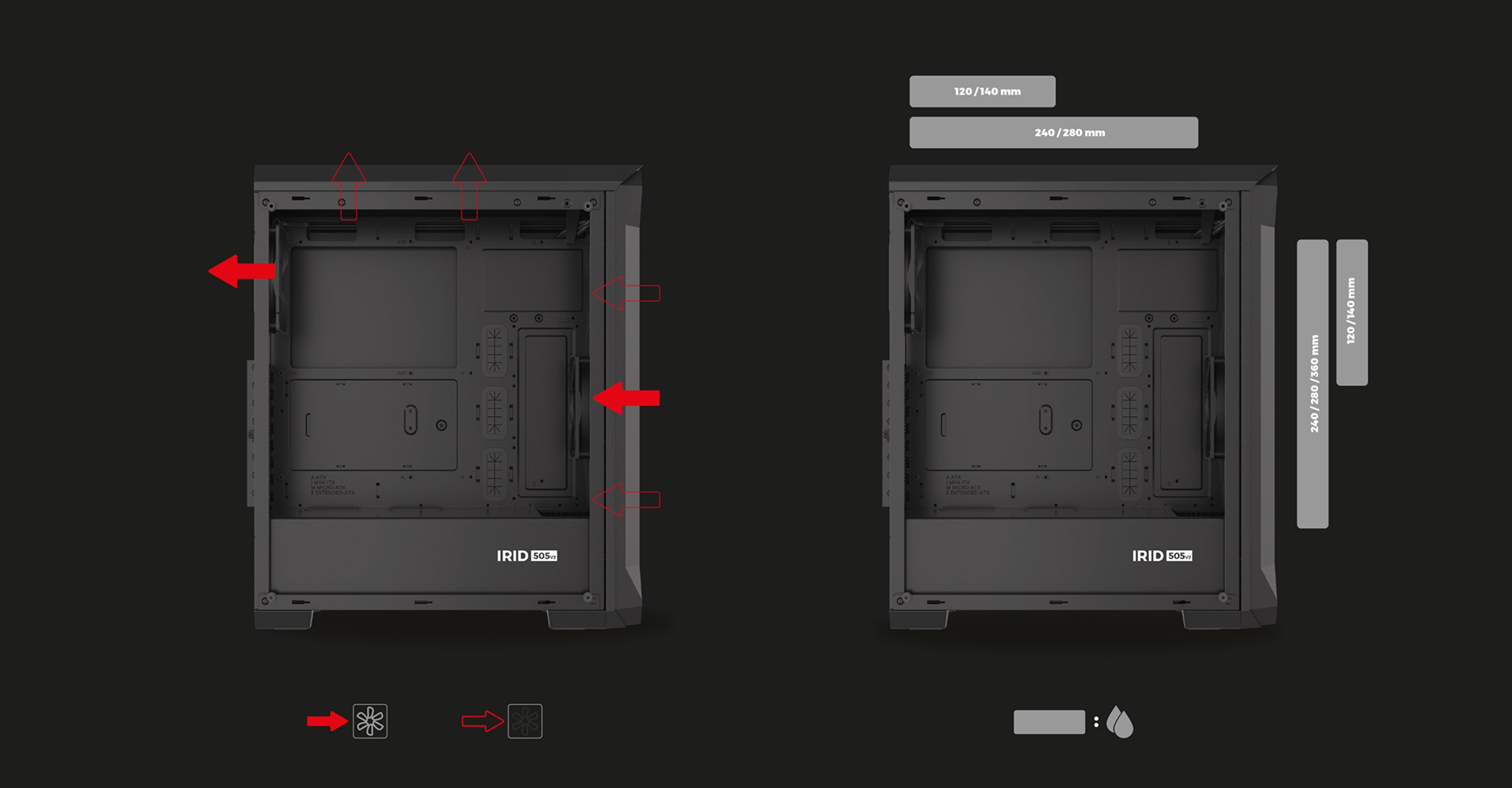Caja torre MIDI Genesis Irid 505 V2 negra con panel lateral transparente, que muestra la distribución interna y los puntos de montaje