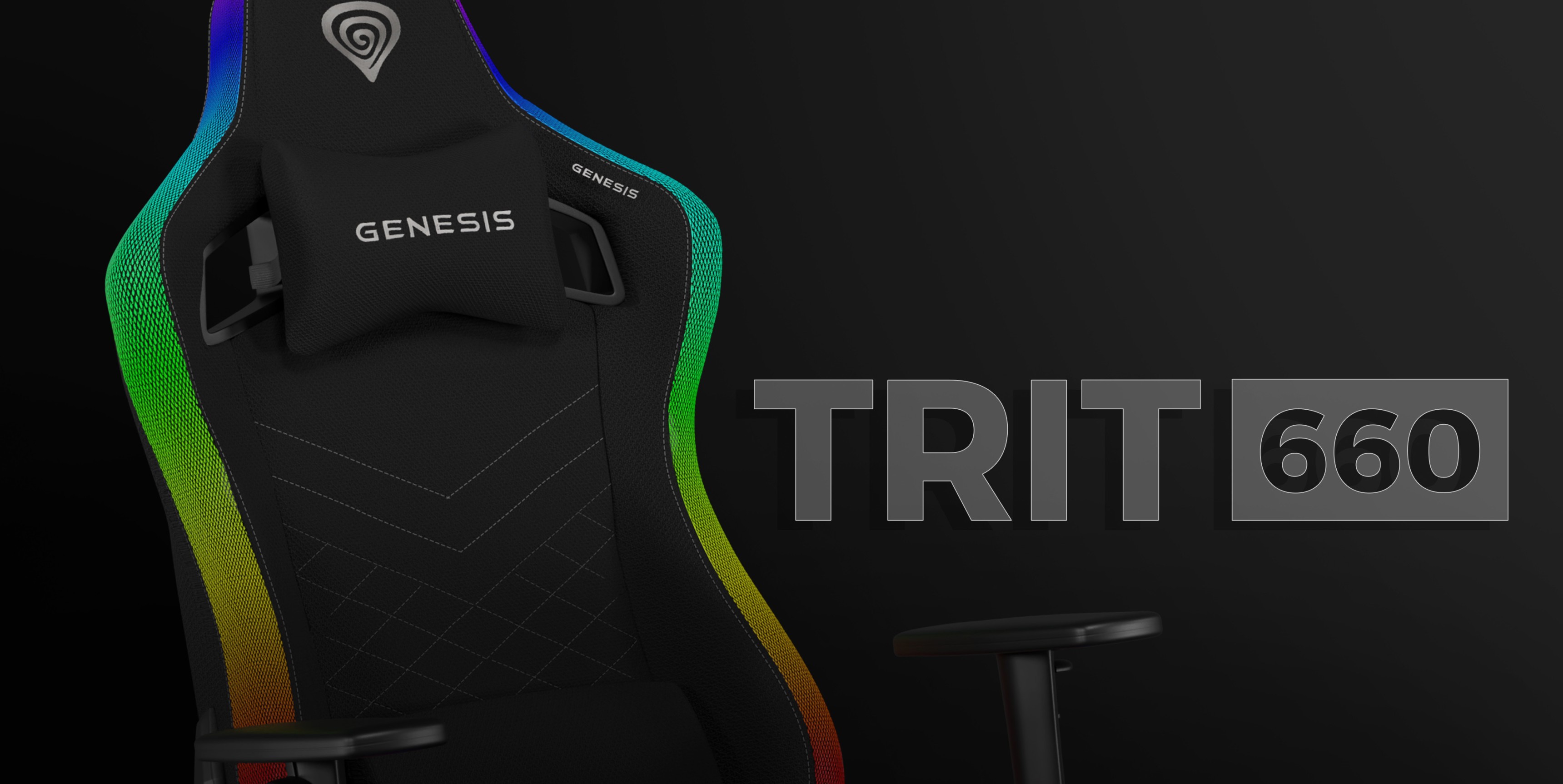 Silla de juego negra con iluminación RGB, con el logotipo de Genesis y el nombre del modelo "TRIT 660" en un lugar destacado