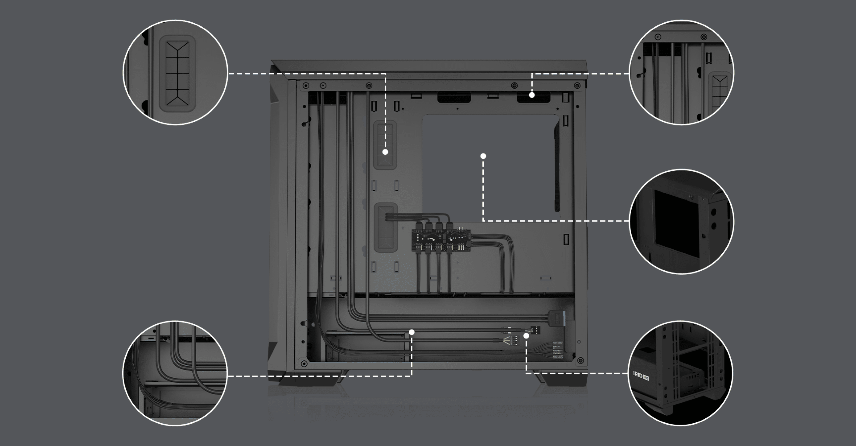 Minitorre Genesis Irid 503 ARGB V2 MATX negra con panel lateral transparente y detalles internos de gestión de cables