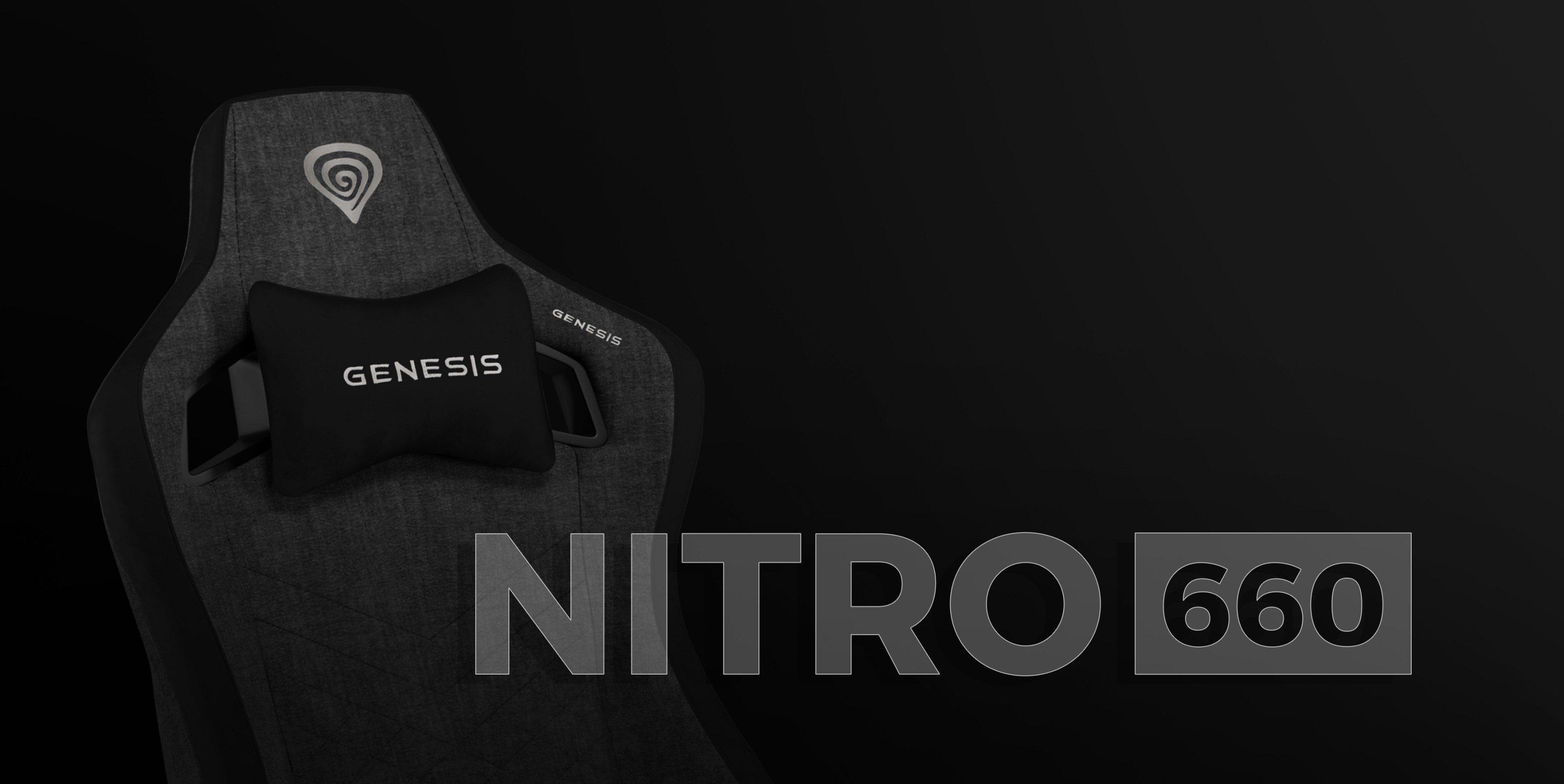 Silla de juego Genesis Nitro 660 gris con reposacabezas acolchado y detalles del logotipo sobre fondo oscuro