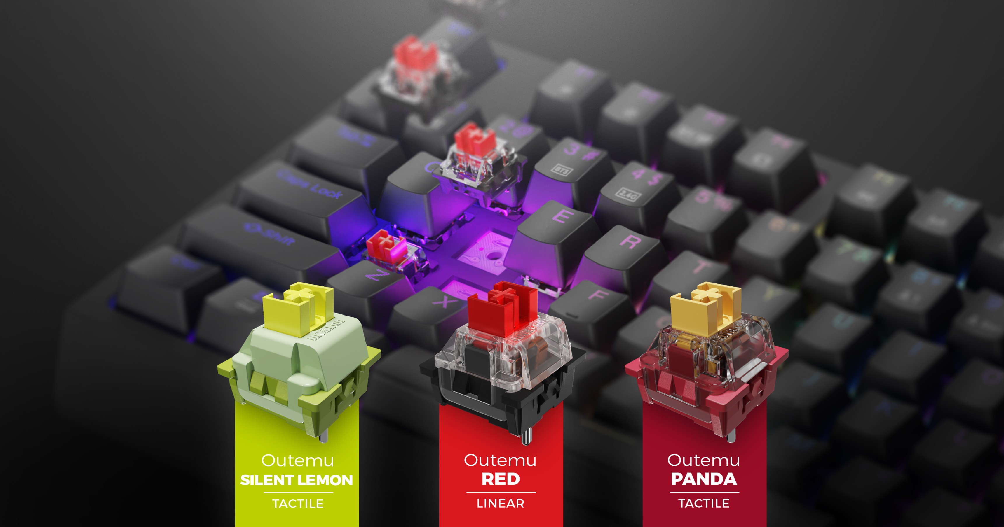 Primer plano de un teclado para juegos con iluminación RGB personalizable y tres tipos de interruptores Outemu: Silent Lemon, Red y Panda