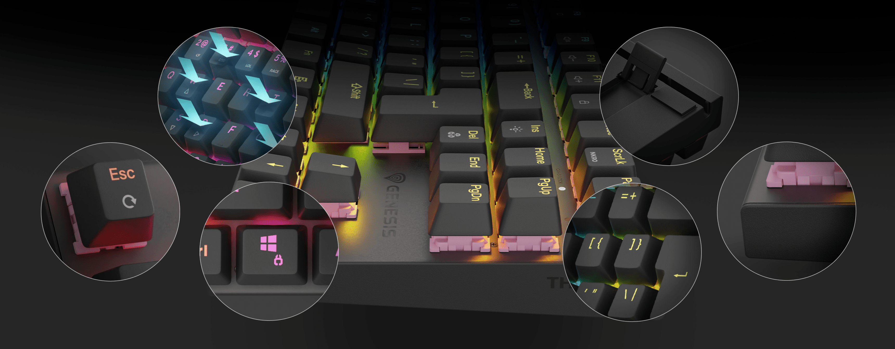 Teclado para juegos con retroiluminación RGB, interruptores mecánicos silenciosos y diseño TKL. Vista en primer plano de los detalles clave incluidos