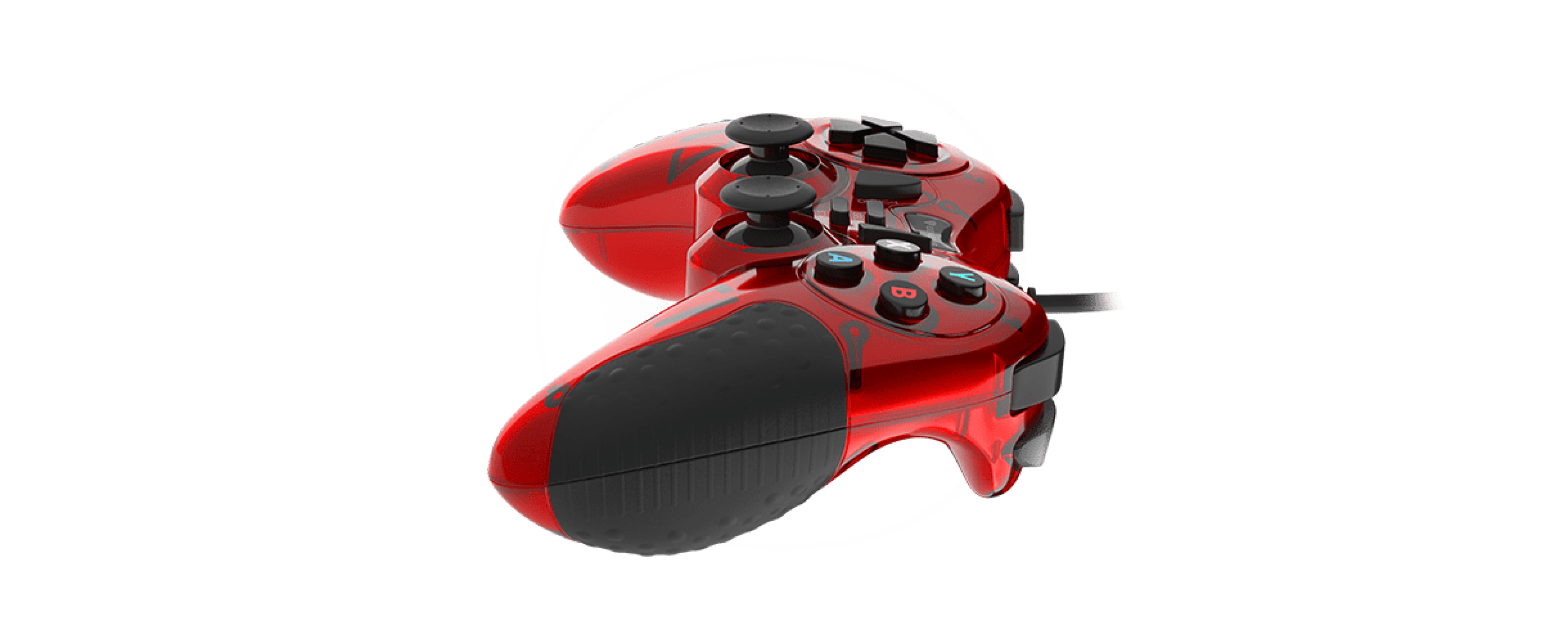 Gamepad rojo con cable para PC con múltiples botones y empuñaduras ergonómicas, diseñado para la comodidad y el control de los juegos
