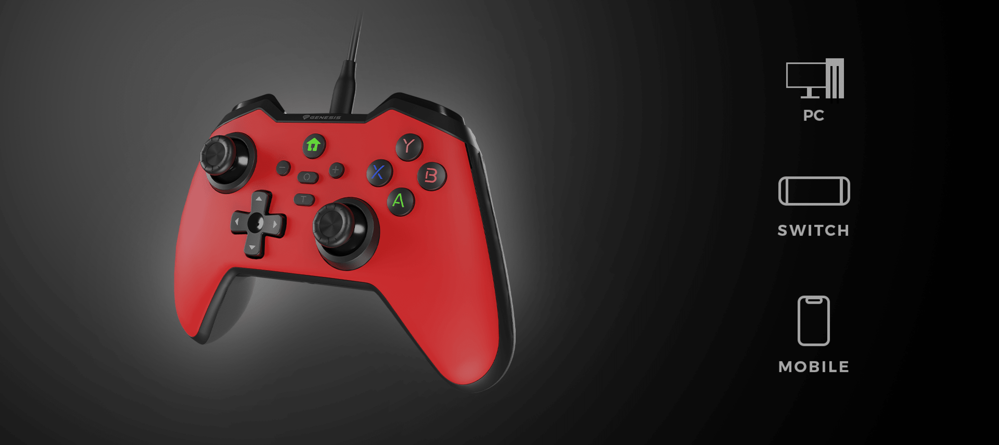 Mando de juegos negro con cable compatible con PC, Switch y dispositivos móviles. Presenta un diseño ergonómico y botones de colores