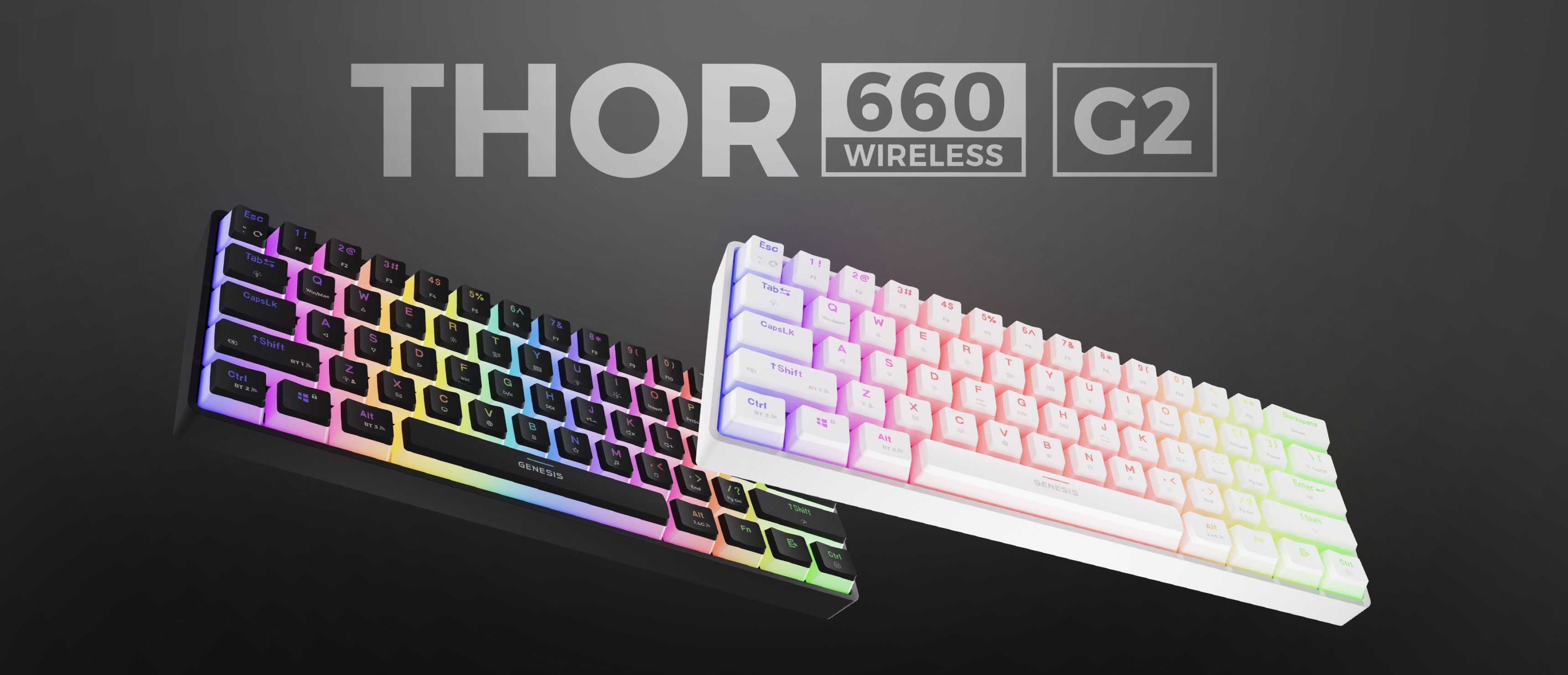 Teclado mecánico inalámbrico para juegos Genesis Thor 660 G2, con retroiluminación RGB de colores, mostrado en modelos blanco y negro