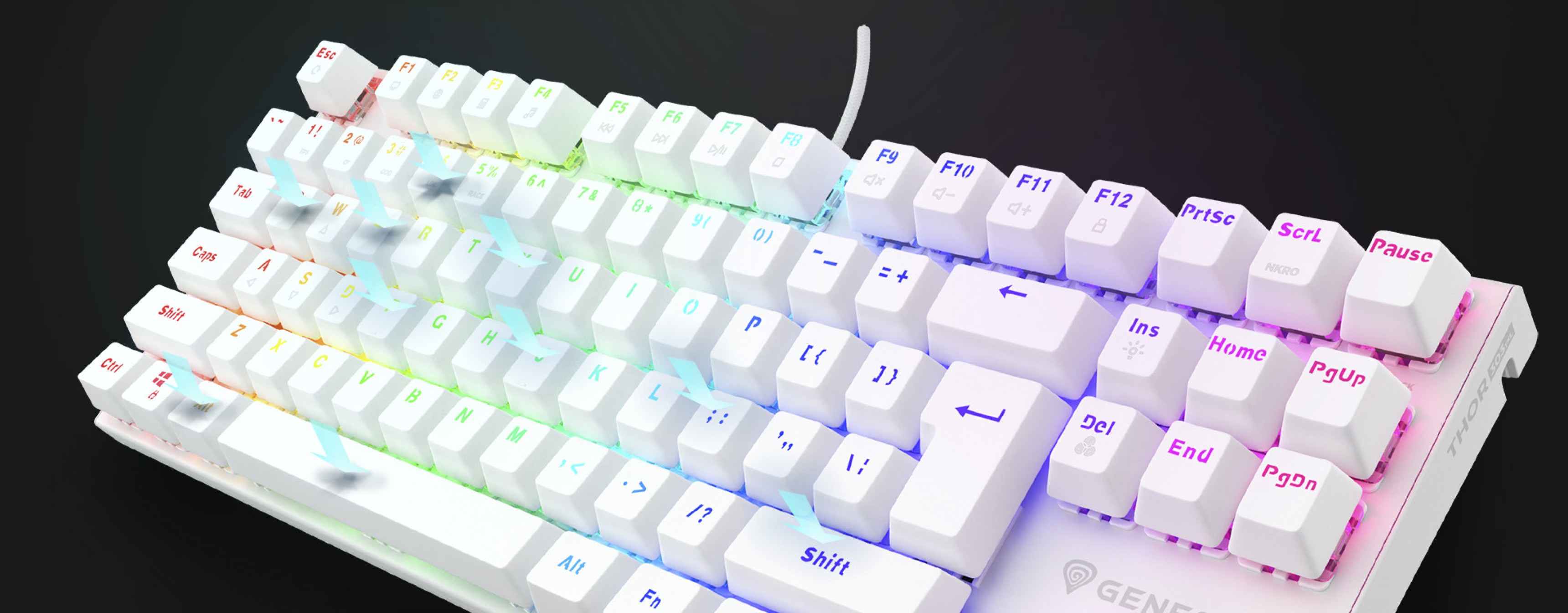 Teclado mecánico blanco con iluminación RGB, capacidad de intercambio en caliente y disposición TKL, que muestra varias teclas iluminadas