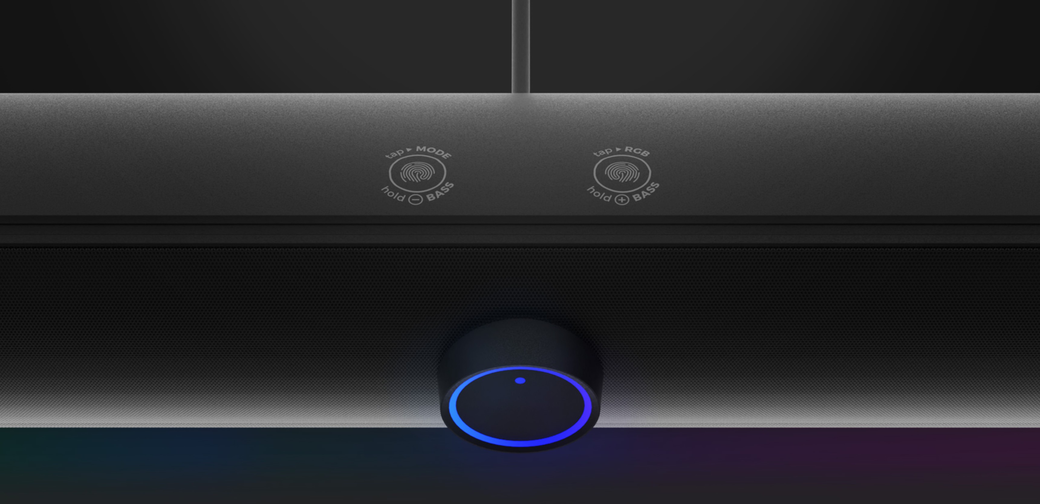 Detalle de la barra de sonido Genesis Helium 312BT con botones de control e indicador LED azul
