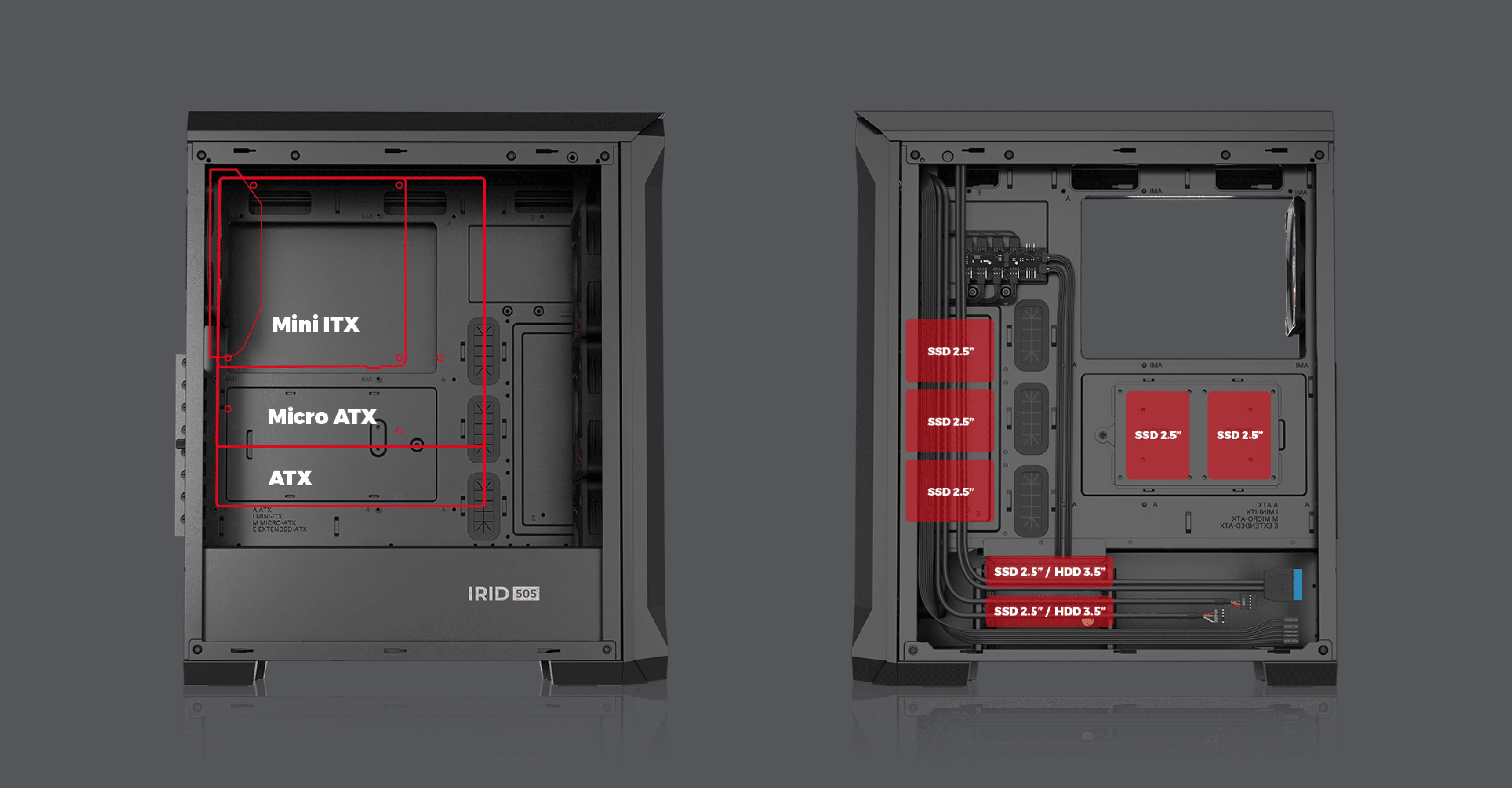 Caja torre Genesis Irid 505 ARGB V2 MIDI negra con panel lateral transparente y opciones de compatibilidad con placas base etiquetadas