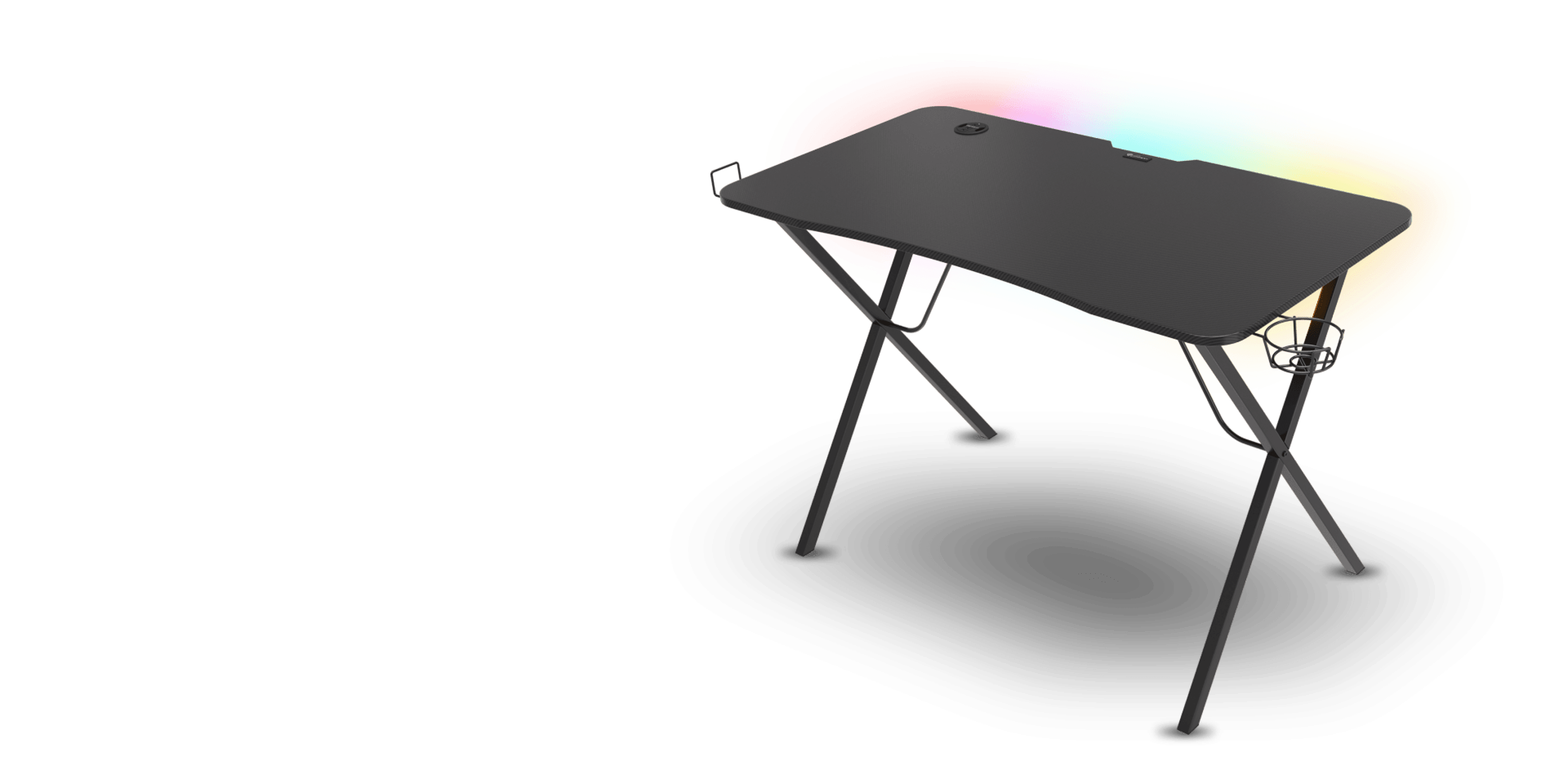 Escritorio negro para juegos con iluminación RGB, de superficie lisa y patas robustas, diseñado para ofrecer comodidad y estilo