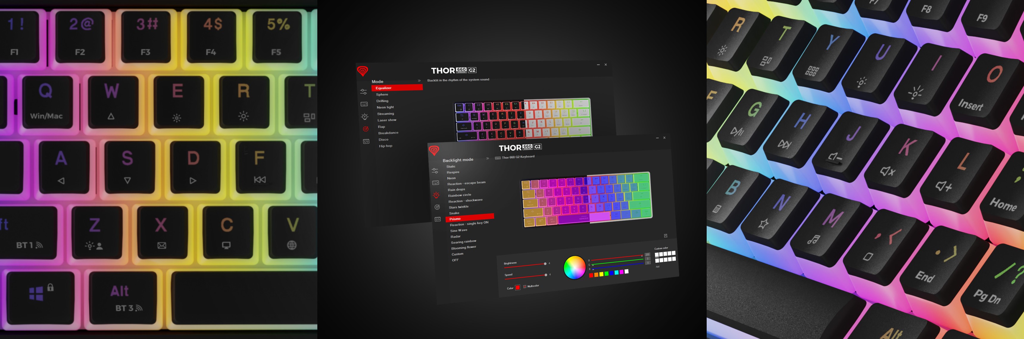 Teclado mecánico inalámbrico RGB para juegos con interruptores Gateron Red, que presenta una colorida iluminación de las teclas y una interfaz de ajustes personalizable
