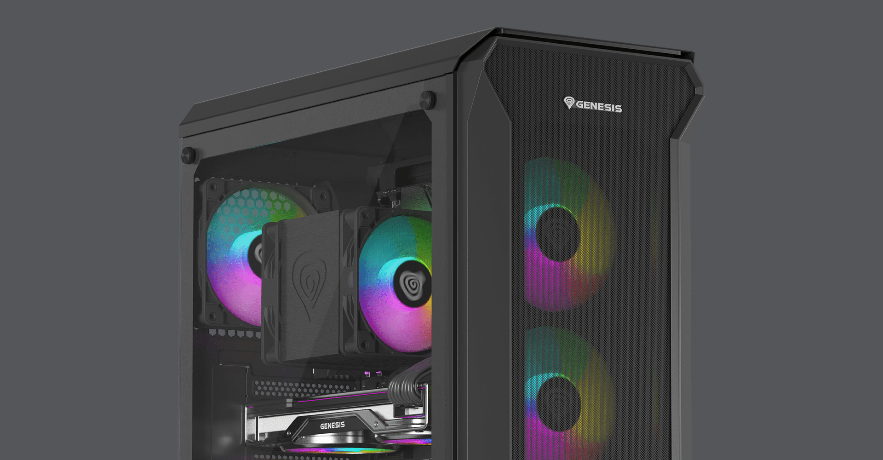 Caja torre Genesis Irid 505 ARGB V2 MIDI negra con panel lateral transparente y ventiladores RGB, que muestra un diseño moderno
