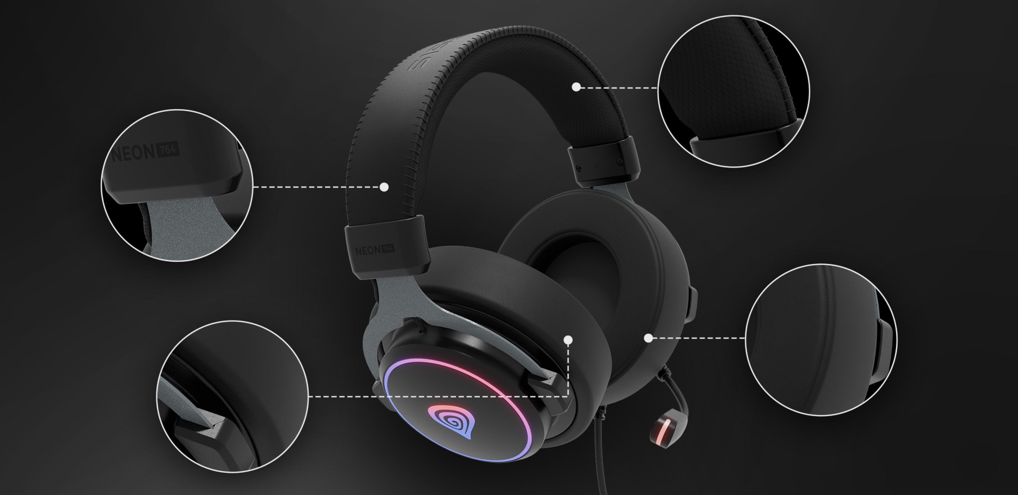 Auriculares con cable Genesis Neon 764 RGB negros con auriculares ajustables, micrófono y detalles iluminados