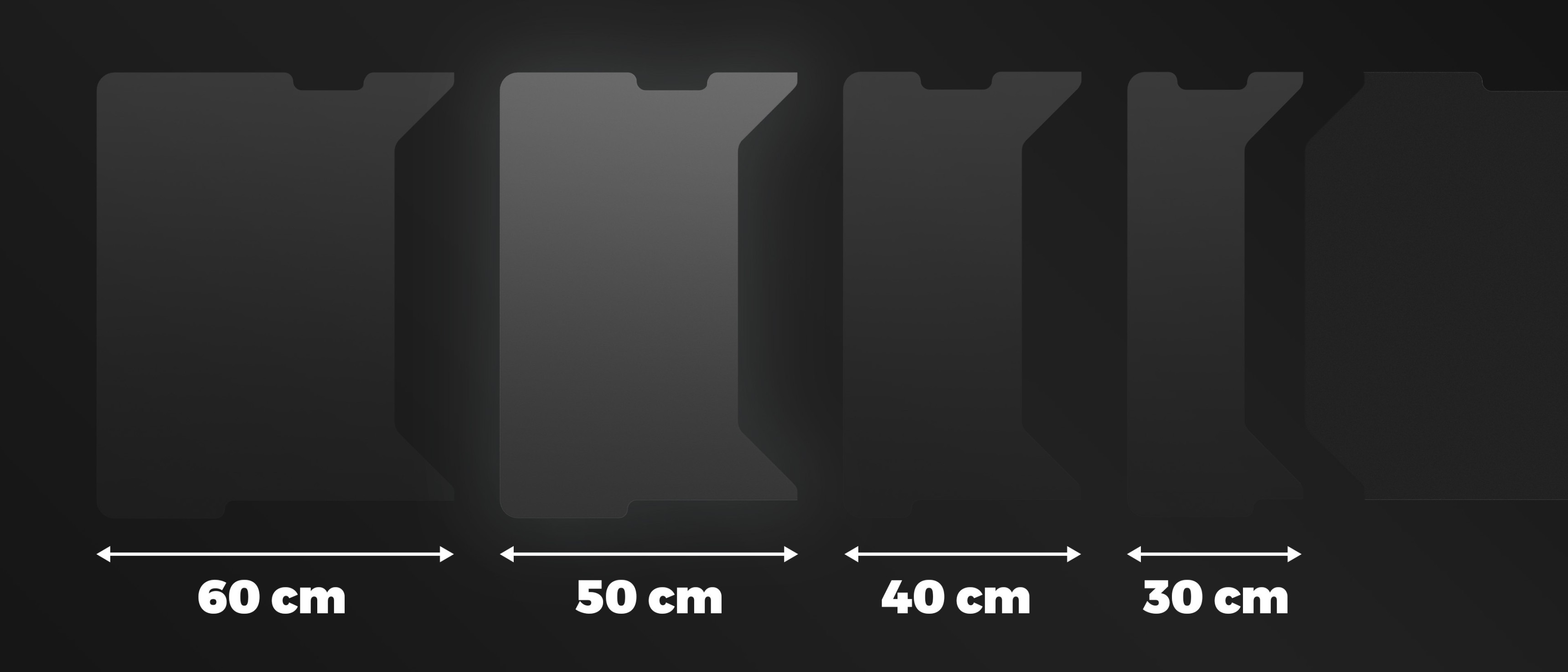 Montaje de mesa de juego esquinera con paneles modulares de distintos tamaños: 60 cm, 50 cm, 40 cm y 30 cm, colocados sobre un fondo oscuro