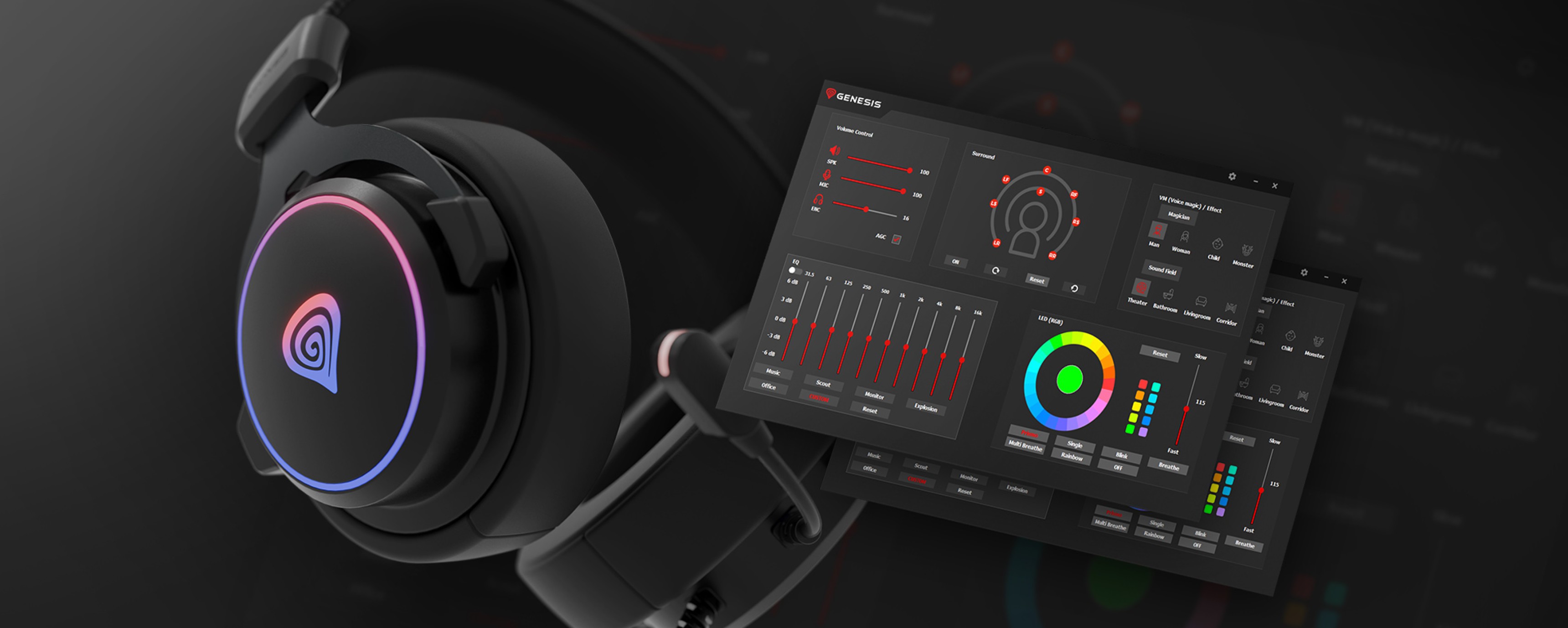 Auriculares over-ear Genesis Neon 764 RGB negros con micrófono, con iluminación RGB personalizable y una interfaz de software complementaria