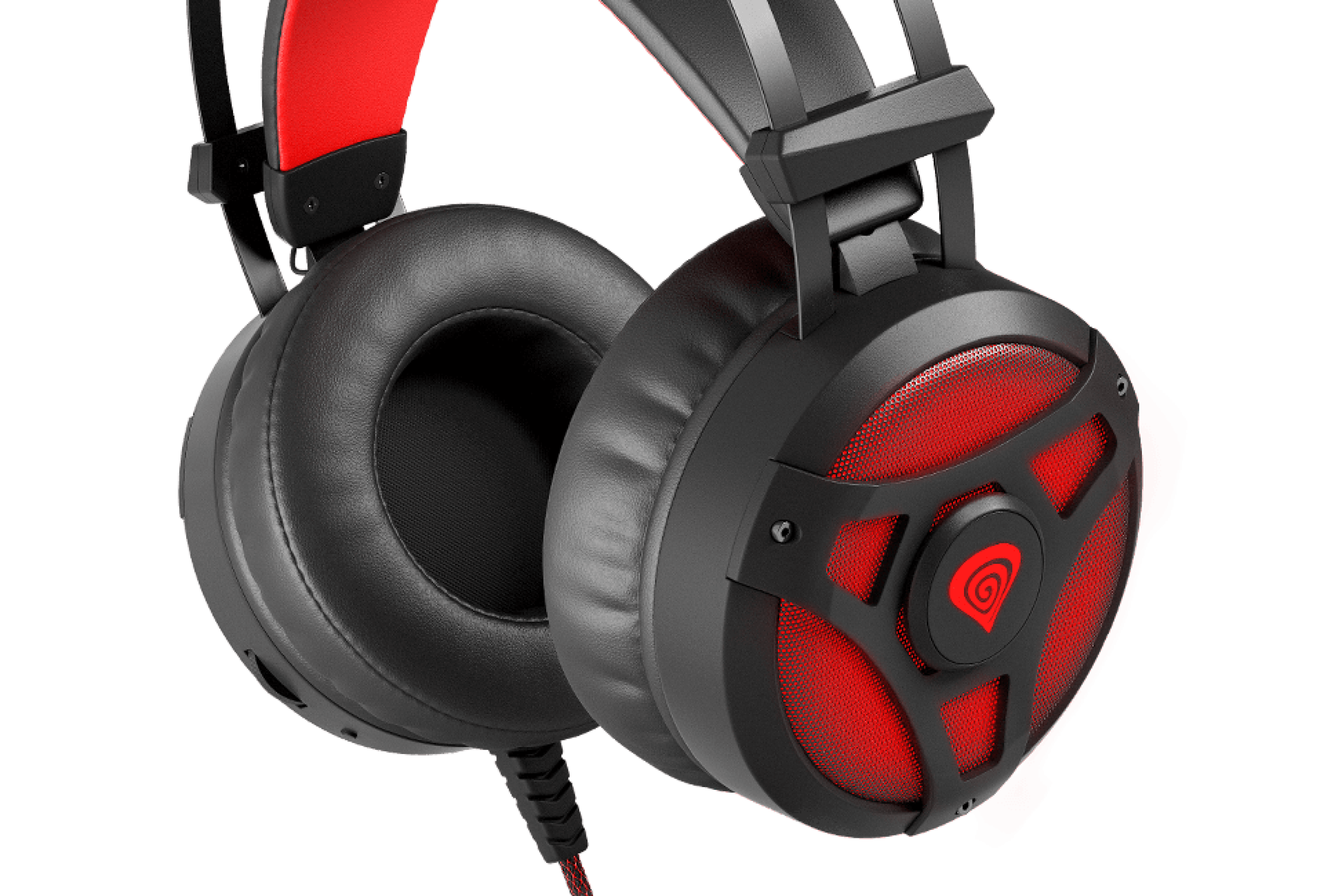 Auriculares over-ear Genesis Neon 360 negros y rojos con micrófono y diseño iluminado. Almohadillas blandas para mayor comodidad