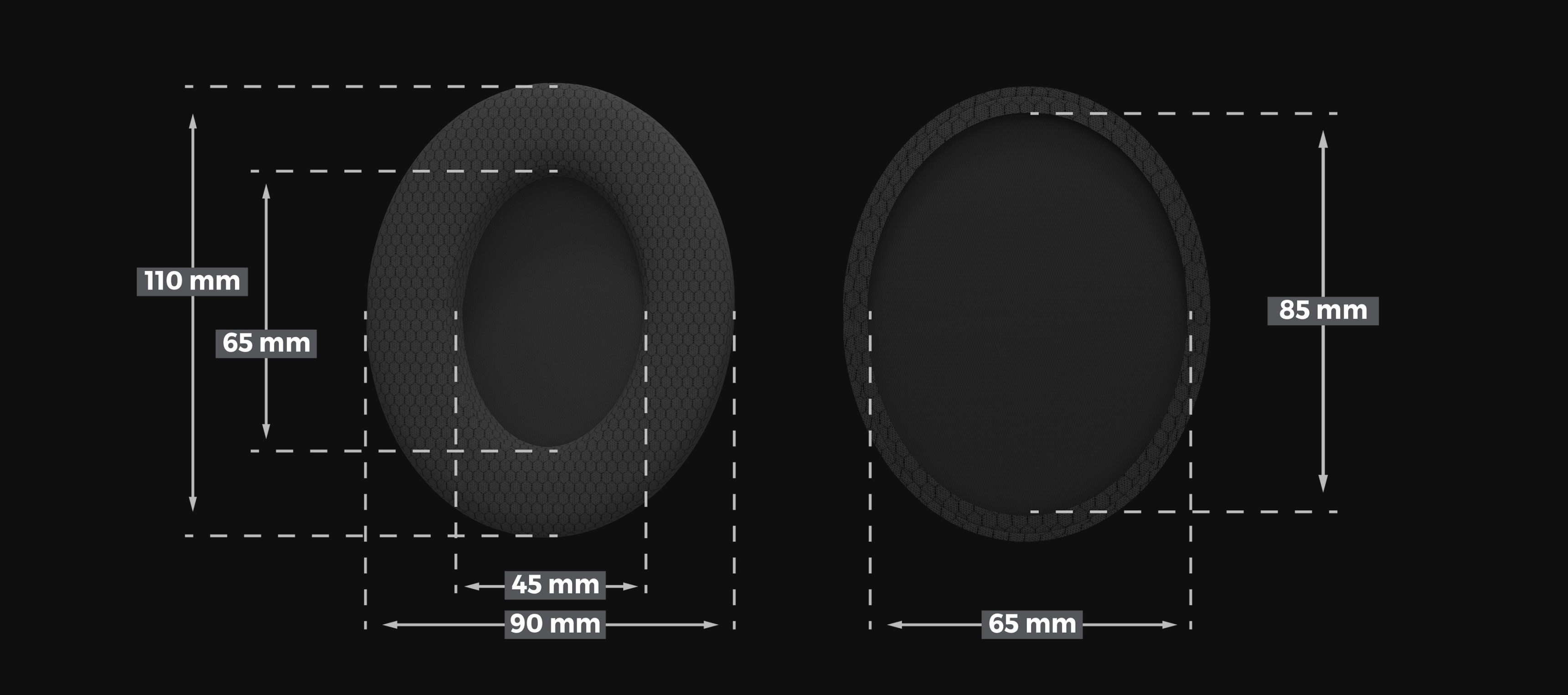 Almohadillas textiles para los auriculares Genesis Toron EP02, con dimensiones detalladas y un diseño elegante