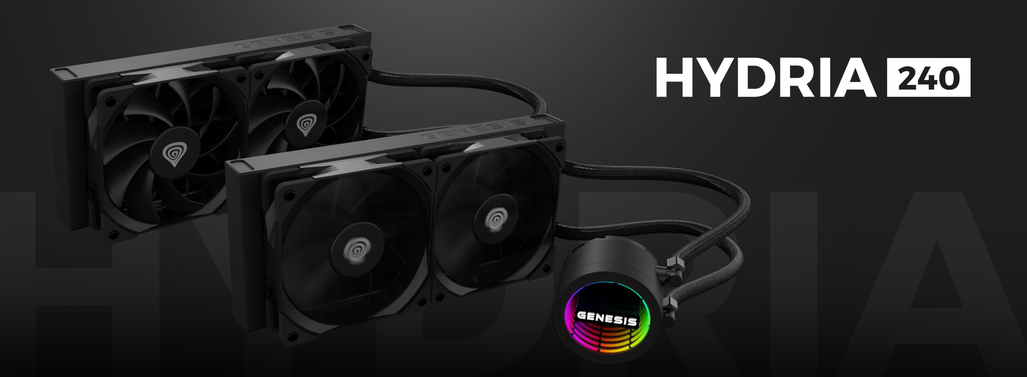 Sistema de refrigeración por agua Genesis Hydria 240 negro con dos ventiladores y una bomba RGB para mejorar la estética y el rendimiento