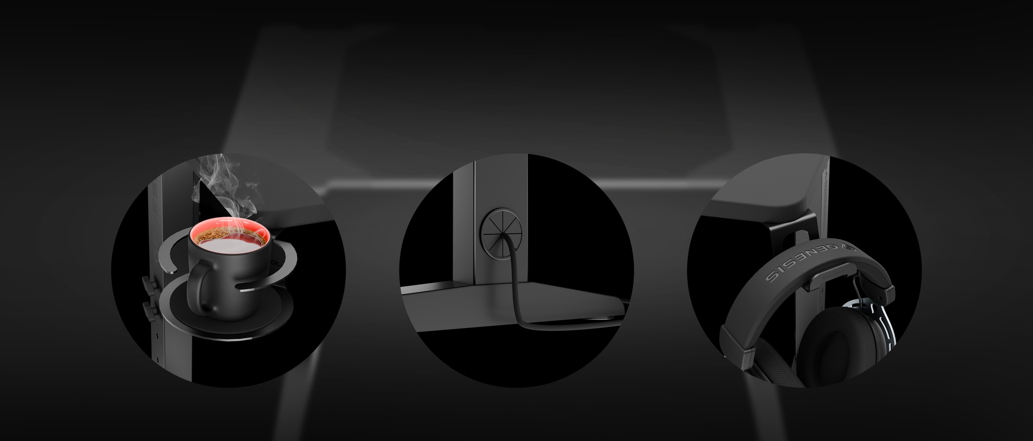 Mesa de juego modular con soporte para tazas, colgador para auriculares y sistema de gestión de cables para una configuración organizada