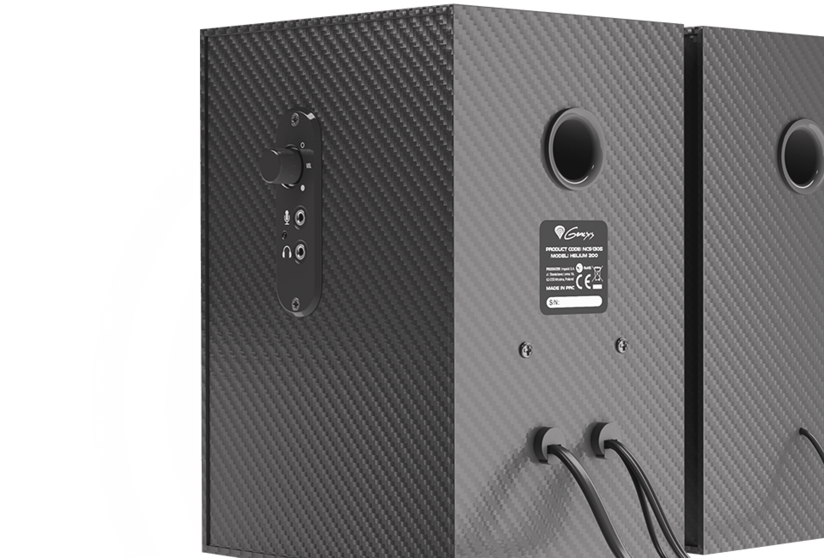 Altavoces Genesis Helium 200 2.0 negros con acabado texturizado, panel de control y conexiones traseras