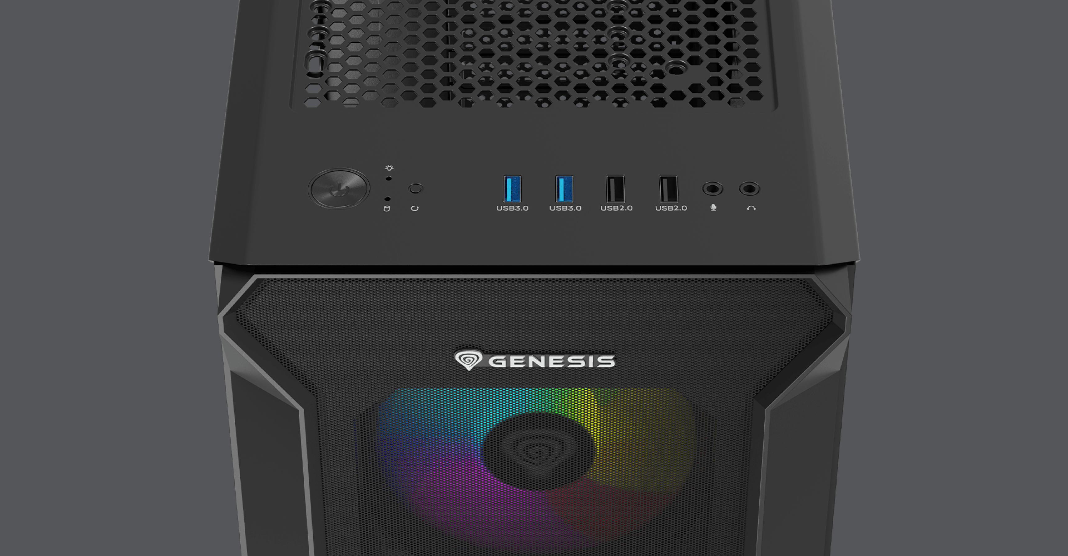 Caja torre MIDI Genesis Irid 505 ARGB V2 negra con panel frontal transparente e iluminación RGB. Incorpora puertos USB y un botón de encendido en la parte superior