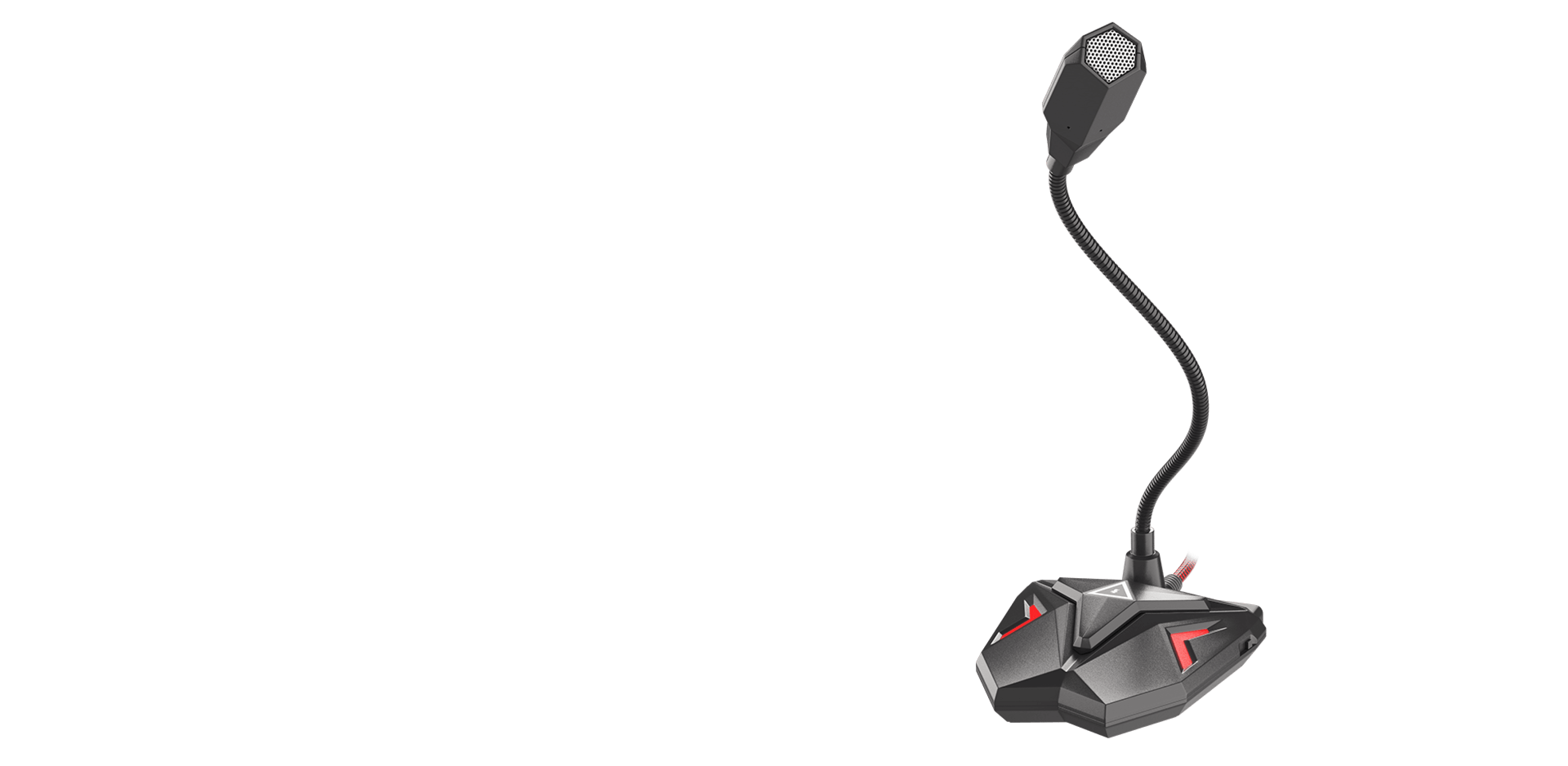 Micrófono negro con cuello flexible y base con detalles rojos, diseñado para juegos o streaming