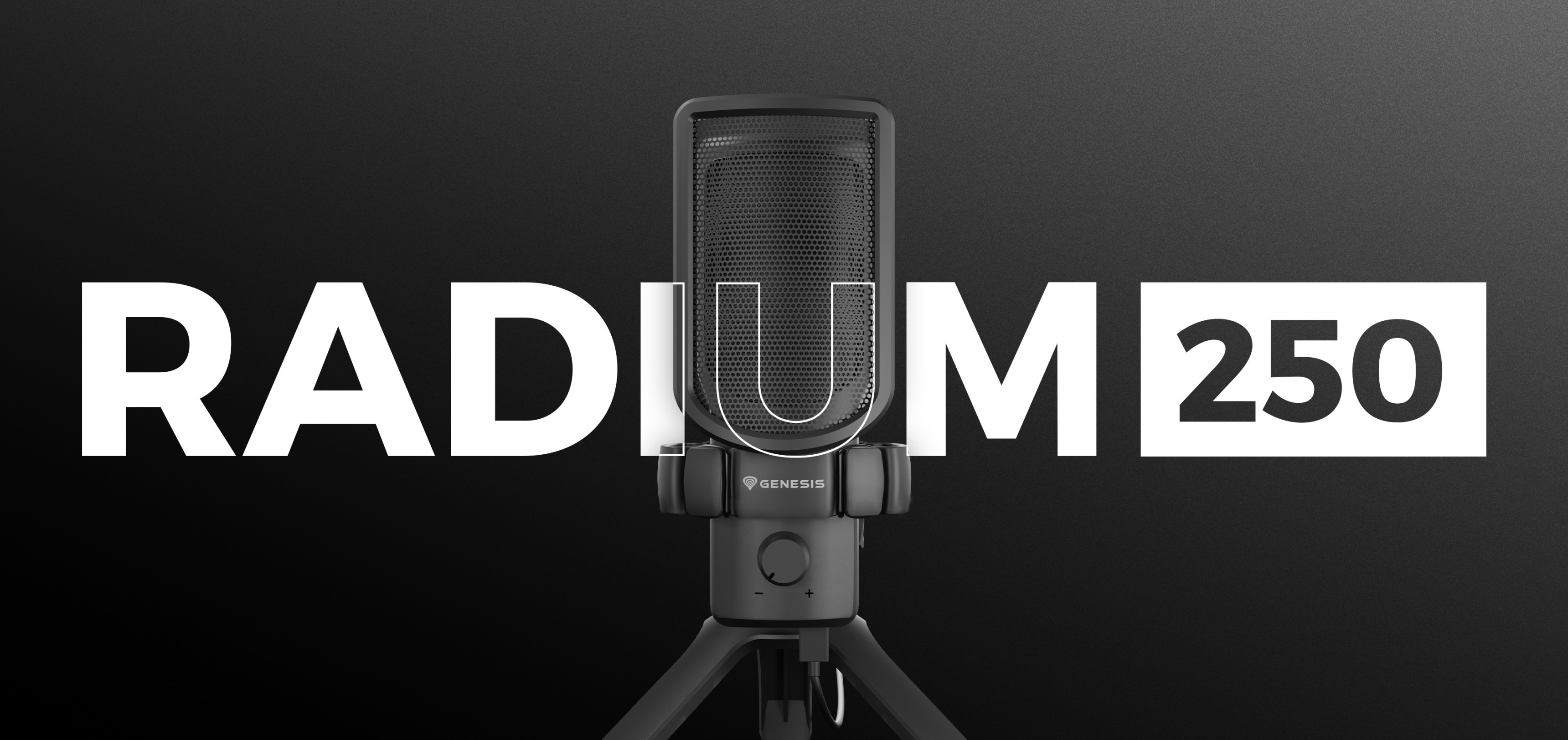Micrófono USB negro Genesis Radium 250 con soporte para trípode, junto al texto "RADIUM 250".
