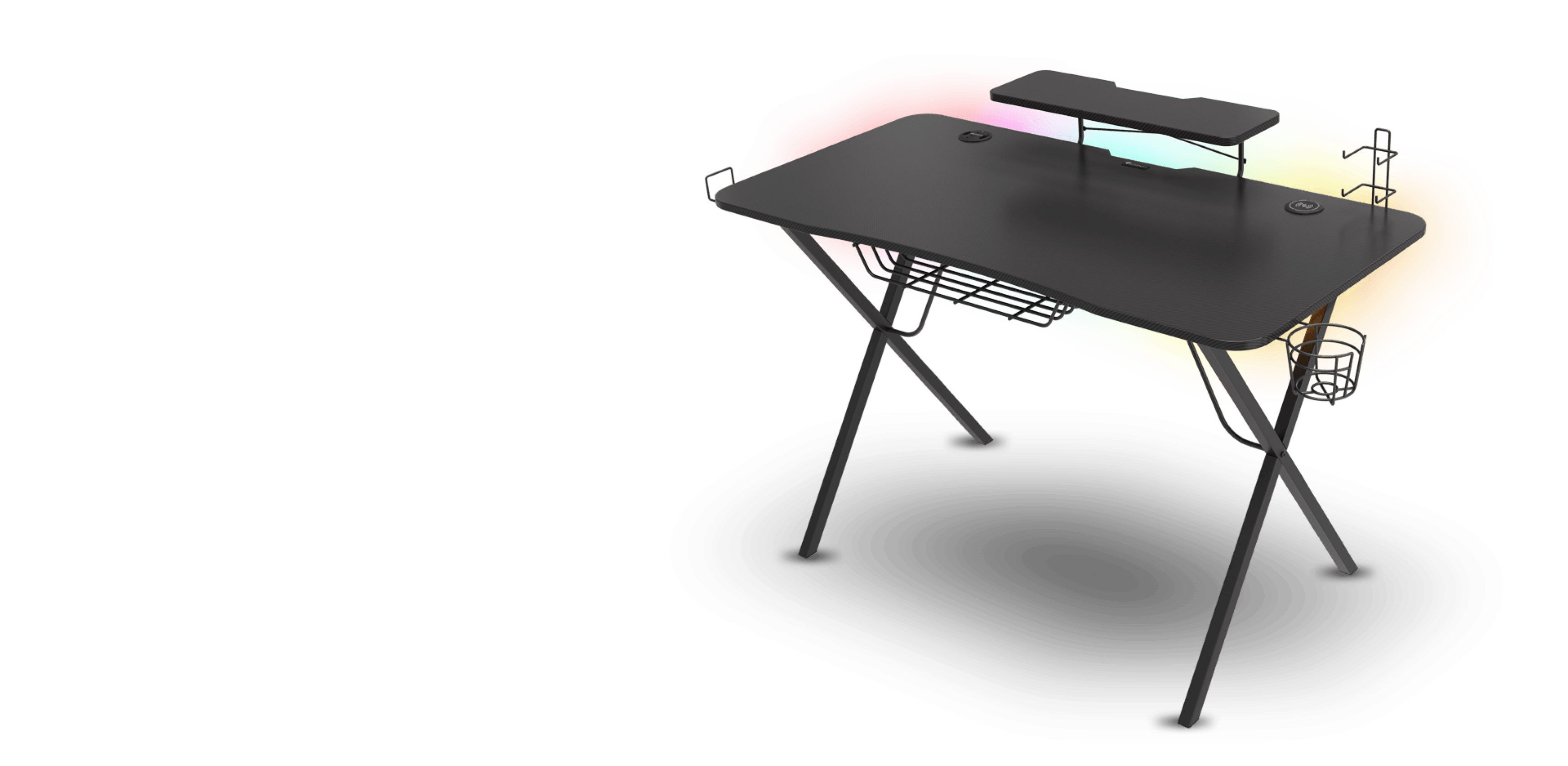 Escritorio negro para juegos con iluminación RGB, con plataforma elevada, gestión de cables y robustas patas metálicas