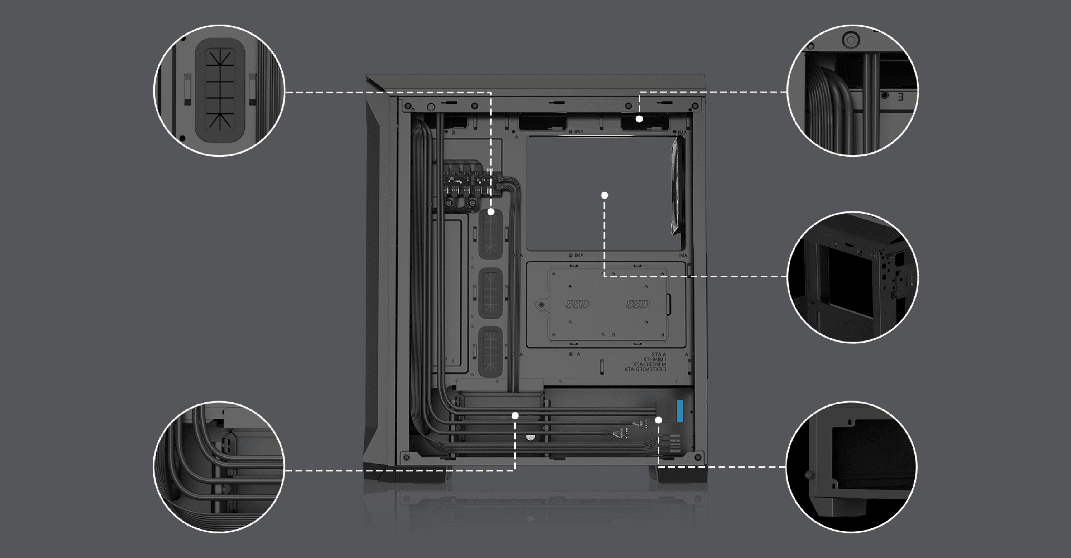 Caja torre MIDI Genesis Irid 505 ARGB V2 negra con panel lateral transparente y características interiores resaltadas