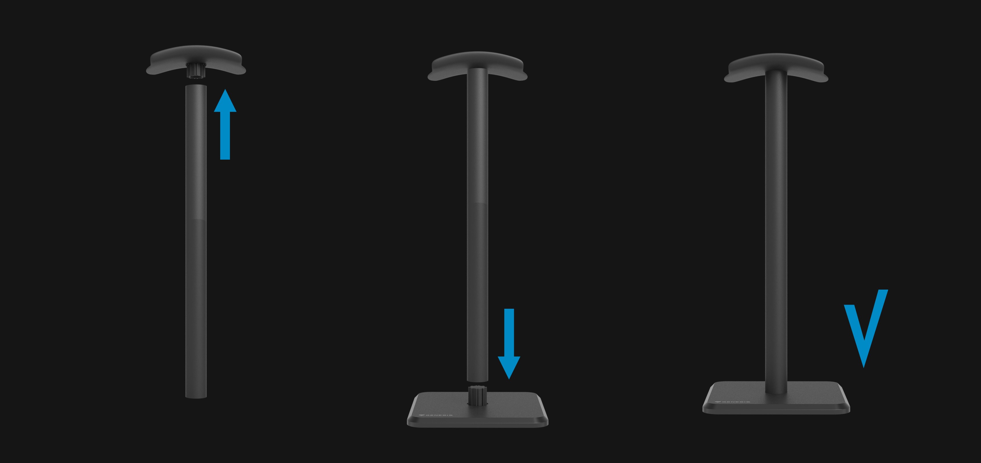 Soporte para auriculares de altura regulable, con una base estable y un sencillo diseño negro. Adecuado para organizar auriculares