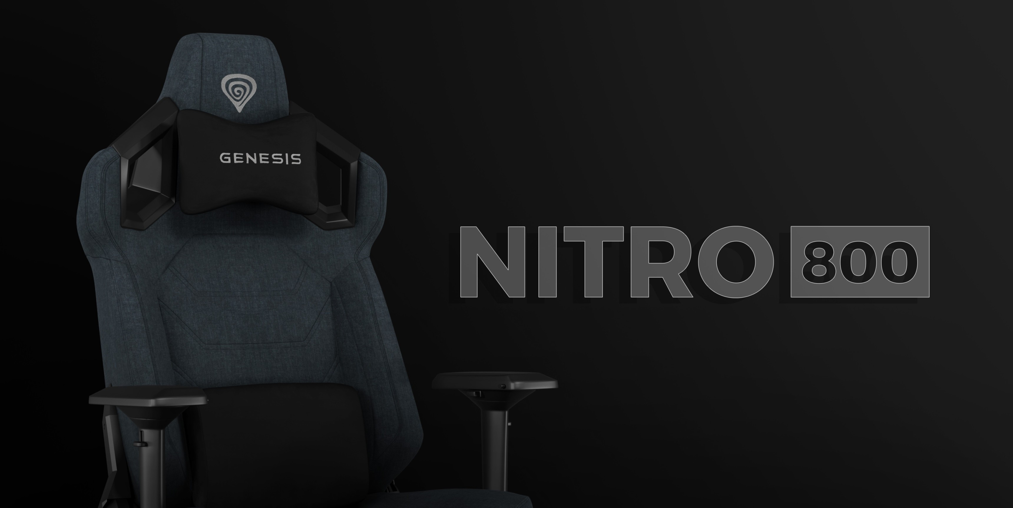 Silla de juego gris de diseño ergonómico, con el logotipo de Genesis y reposabrazos ajustables, sobre un fondo oscuro
