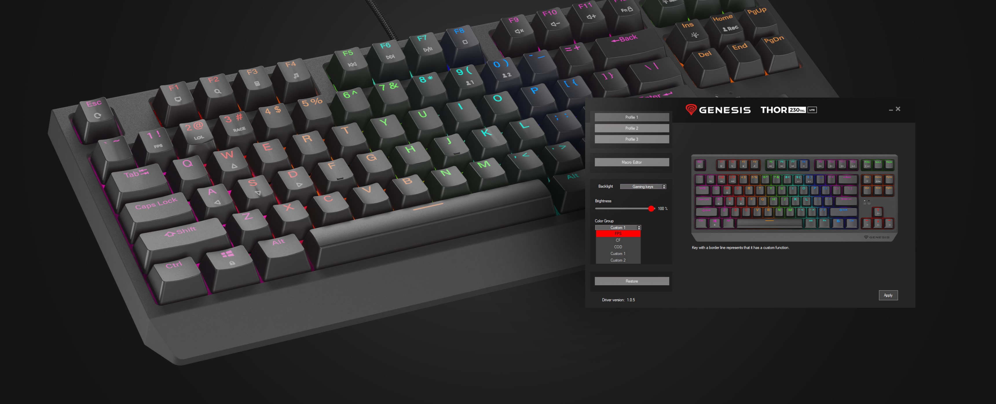 Teclado mecánico para juegos Genesis Thor 230 TKL Lite con iluminación RGB personalizable e interfaz de software visualizada
