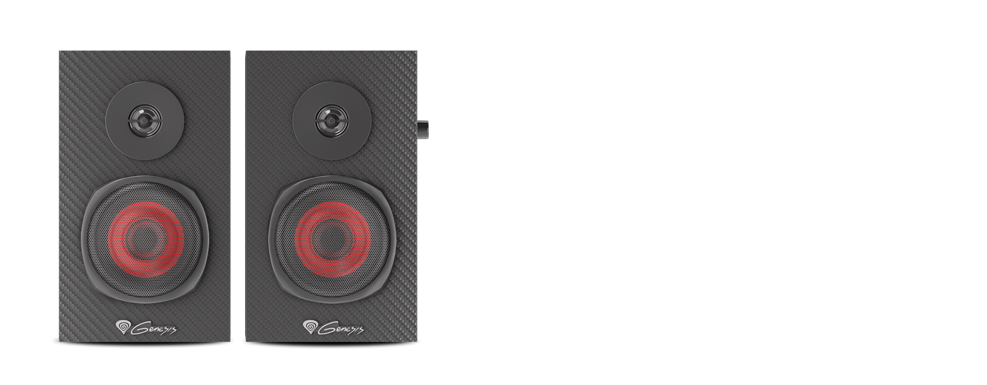 Altavoces negros Genesis Helium 200 2.0 de diseño elegante con detalles rojos y superficies texturizadas