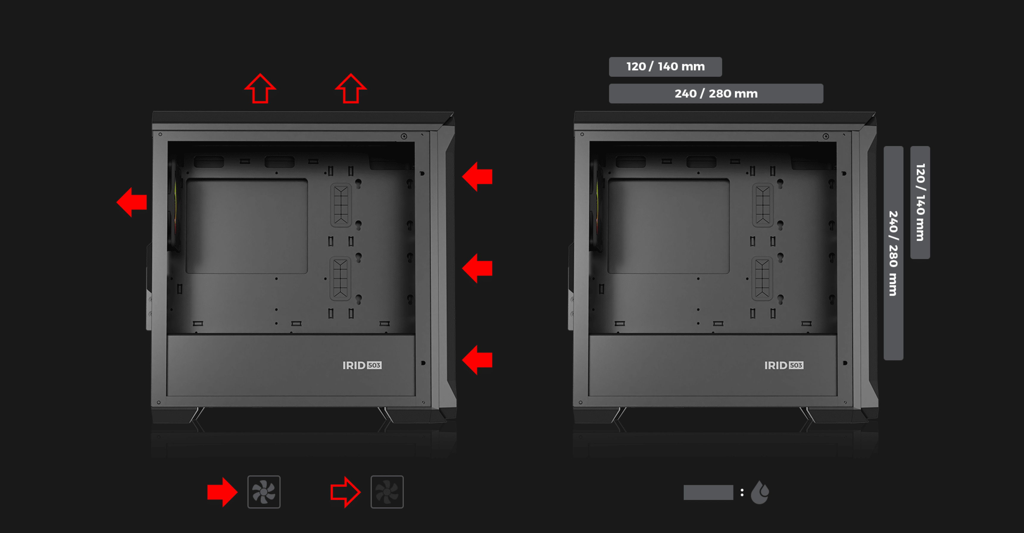 Minitorre negra con panel lateral de cristal templado, que muestra la disposición interna y las opciones de refrigeración para ventiladores y radiadores