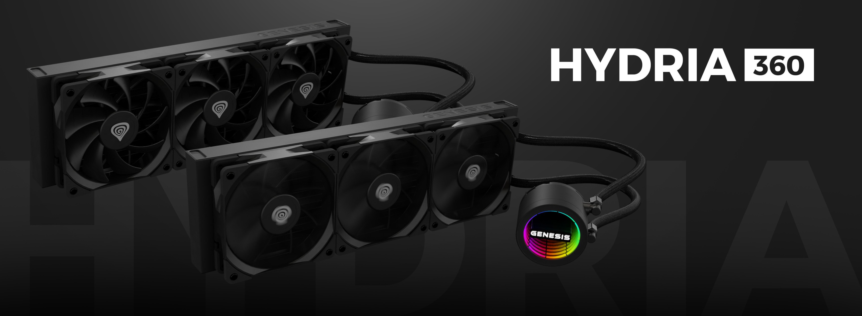Sistema de refrigeración por agua Genesis Hydria 360 negro con tres ventiladores y un elegante diseño de bomba