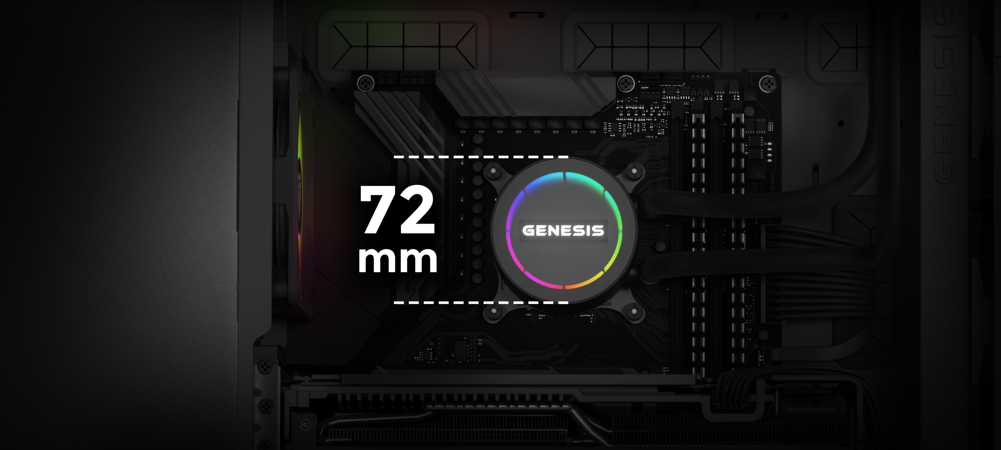 Refrigerador de agua Genesis Hydria 360 ARGB negro instalado en una carcasa de PC, con logotipo de 72 mm de diámetro e iluminación RGB