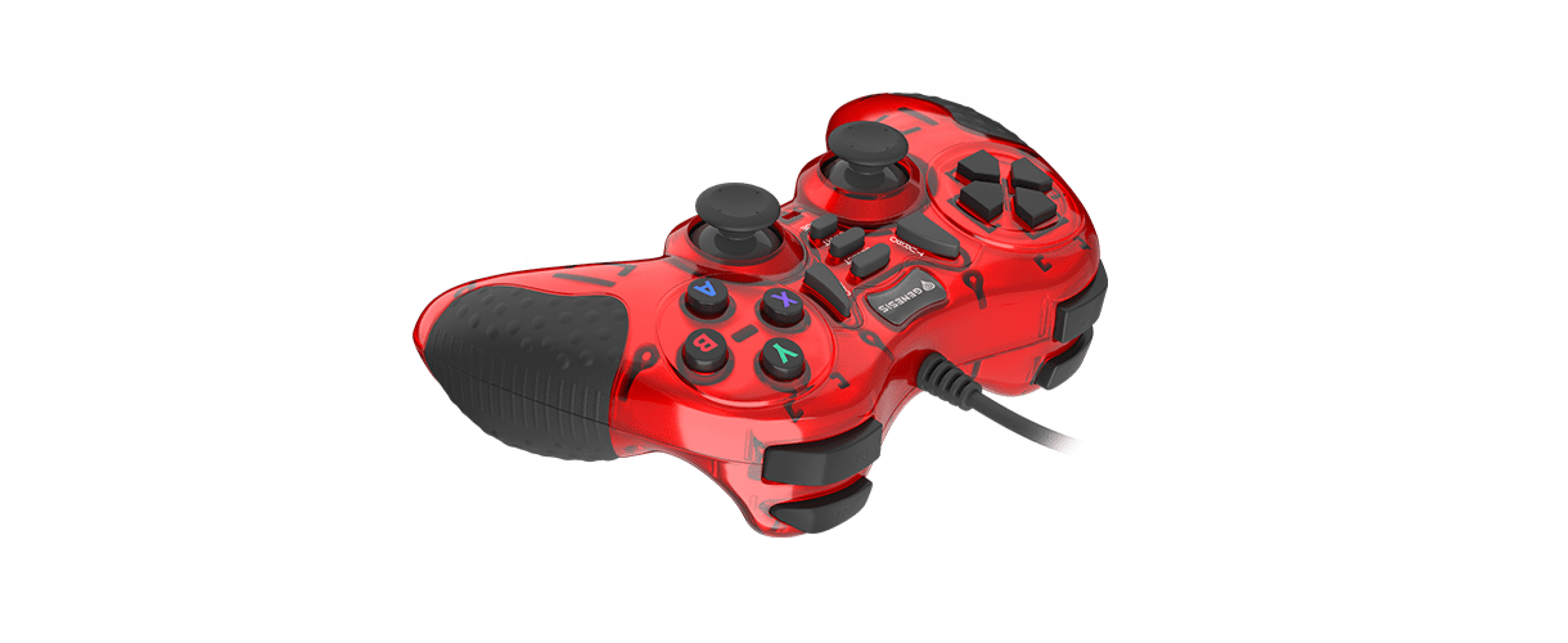 Gamepad rojo con cable para PC con joystick, botones y empuñaduras ergonómicas
