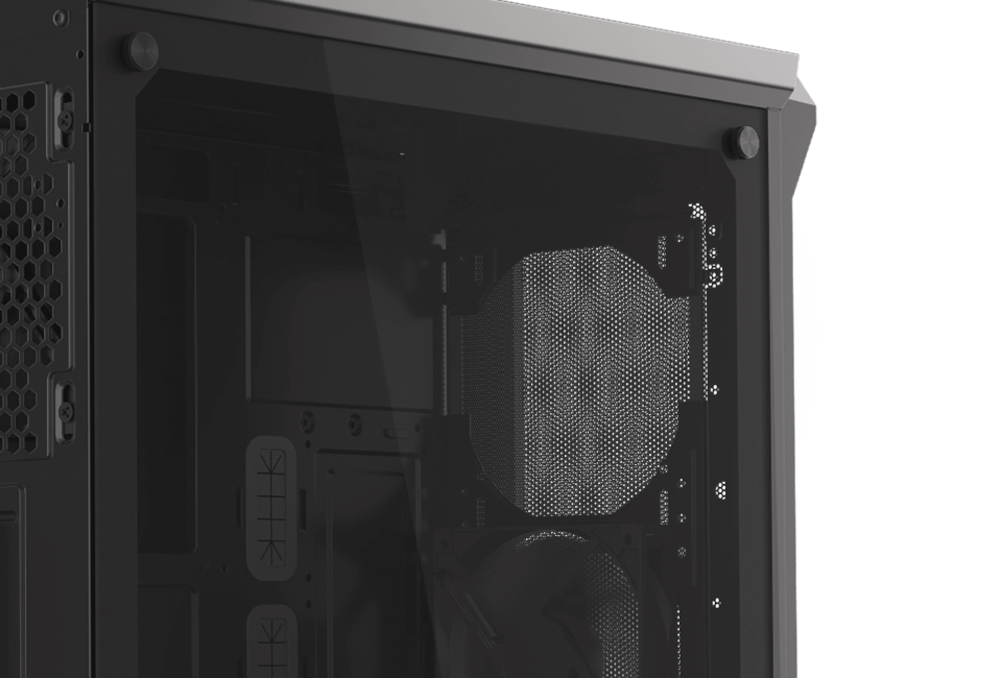Caja torre Genesis Irid 505 V2 MIDI negra con ventana lateral transparente y diseño de malla para el flujo de aire