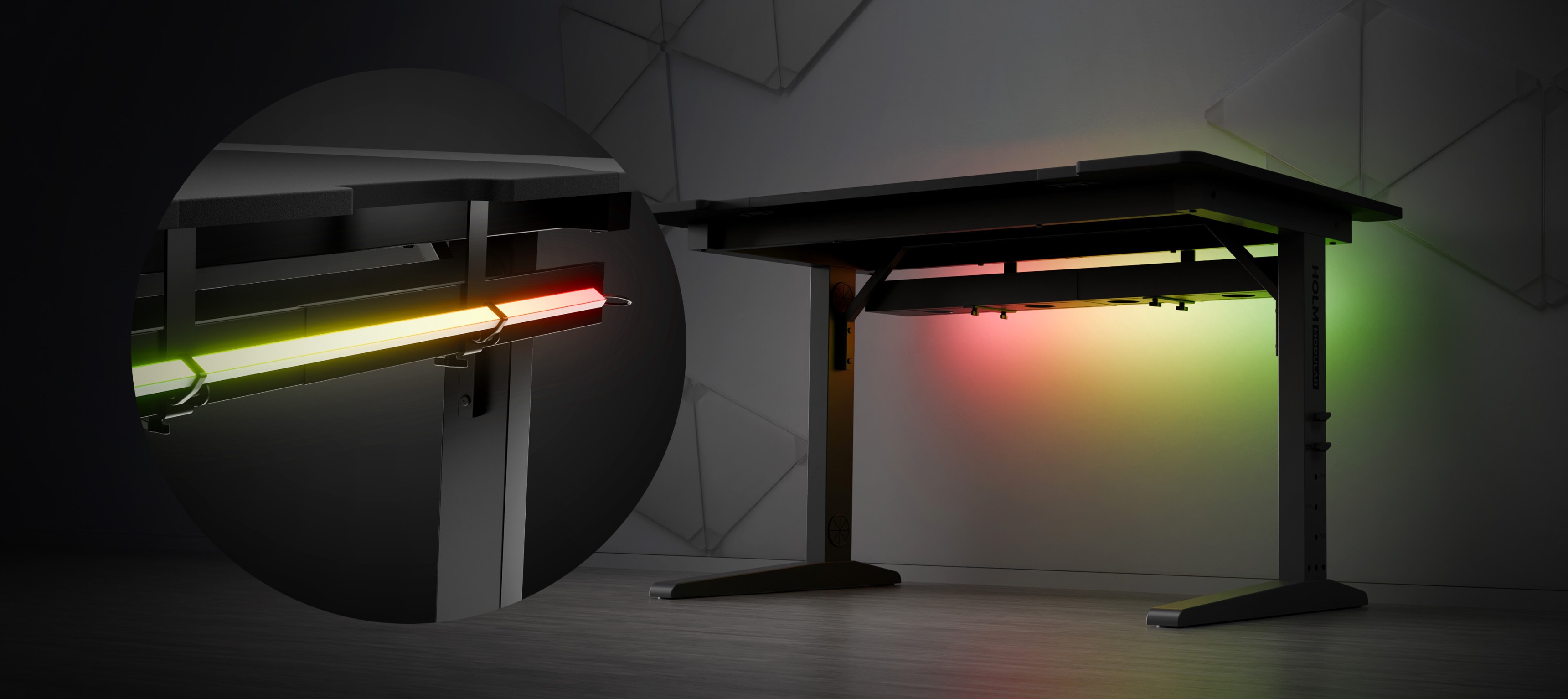 Escritorio modular para juegos con altura ajustable e iluminación LED con detalles en rojo, verde y amarillo. Diseño elegante adecuado para instalaciones de juego