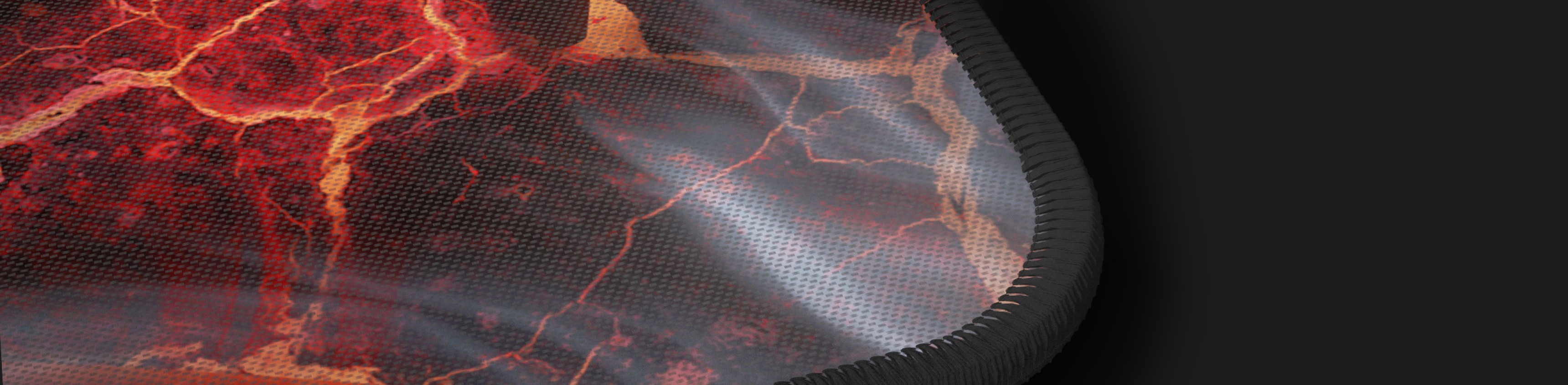 Alfombrilla de ratón para juegos con un diseño inspirado en la lava, con una superficie texturizada y bordes negros, que mide 900x450 mm