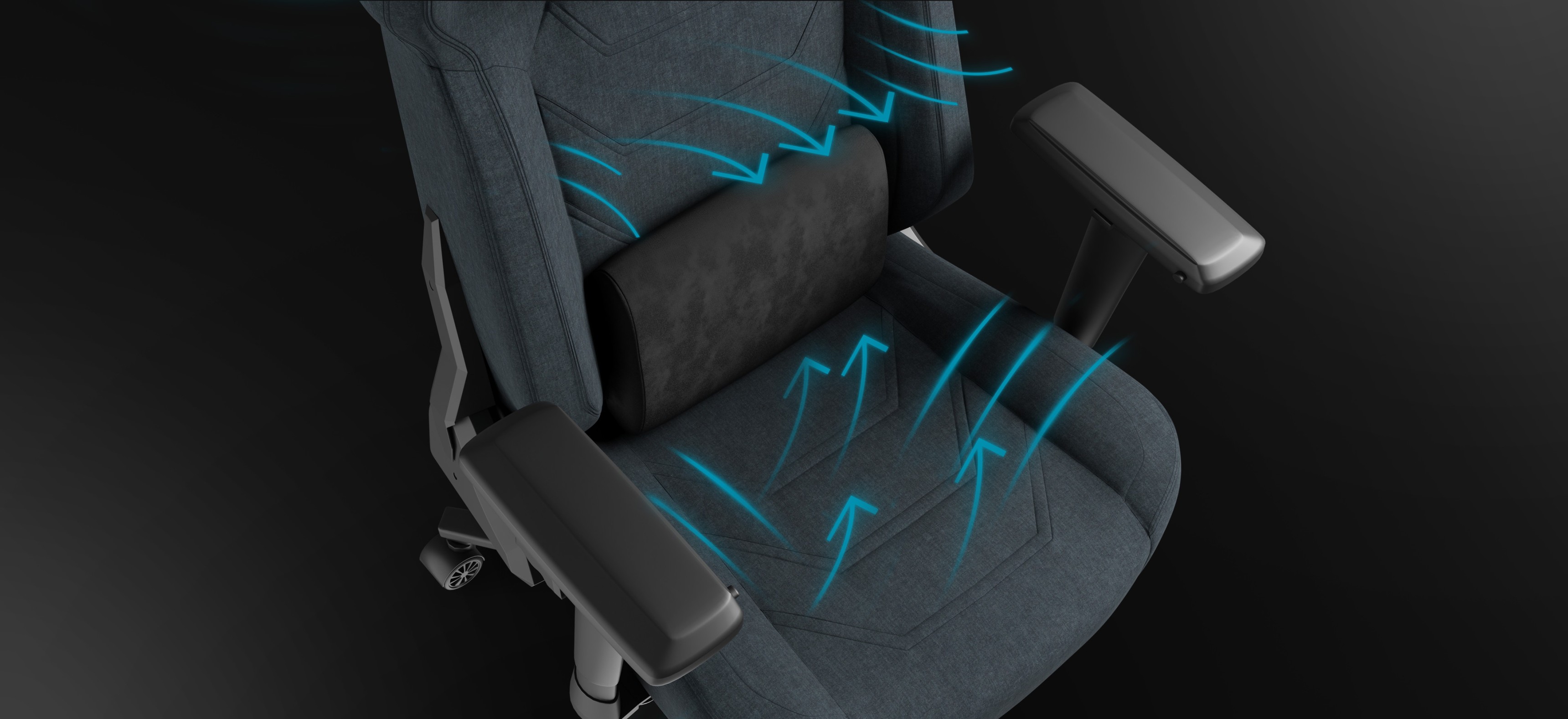 Silla de juegos Genesis Nitro 800 gris de diseño ergonómico y apoyo lumbar, con gráficos que indican la ventilación