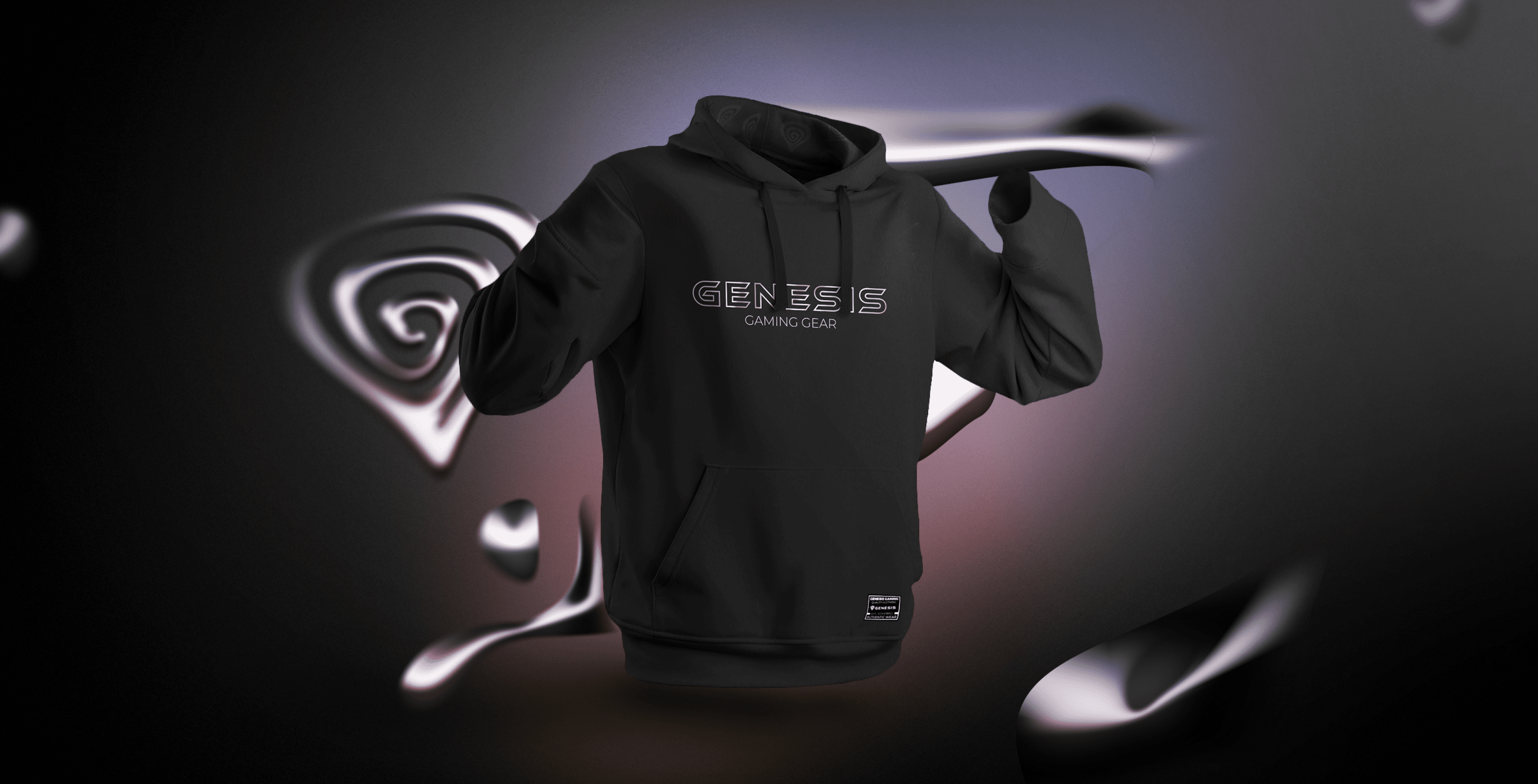 Sudadera con capucha negra con el texto "GEN Z" en la parte delantera, sobre un fondo abstracto estilizado