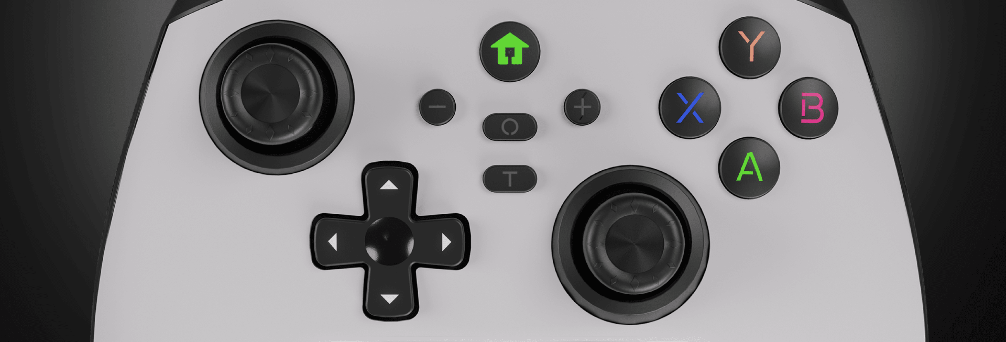 Gamepad inalámbrico negro para PC, Switch y móvil, con sticks analógicos dobles y botones codificados por colores