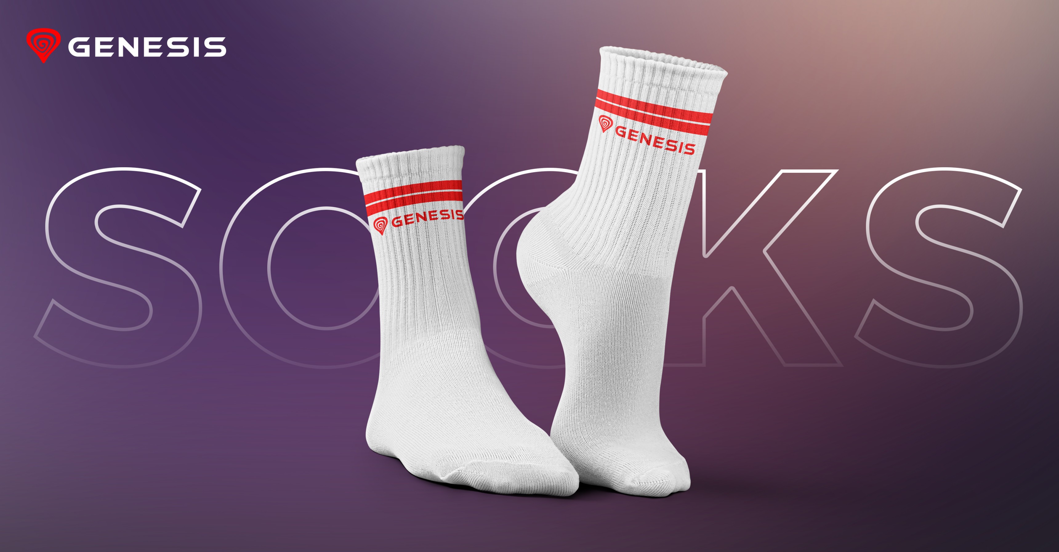 Calcetines deportivos blancos con la etiqueta "GENESIS" y rayas rojas, diseñados para las tallas 35-38