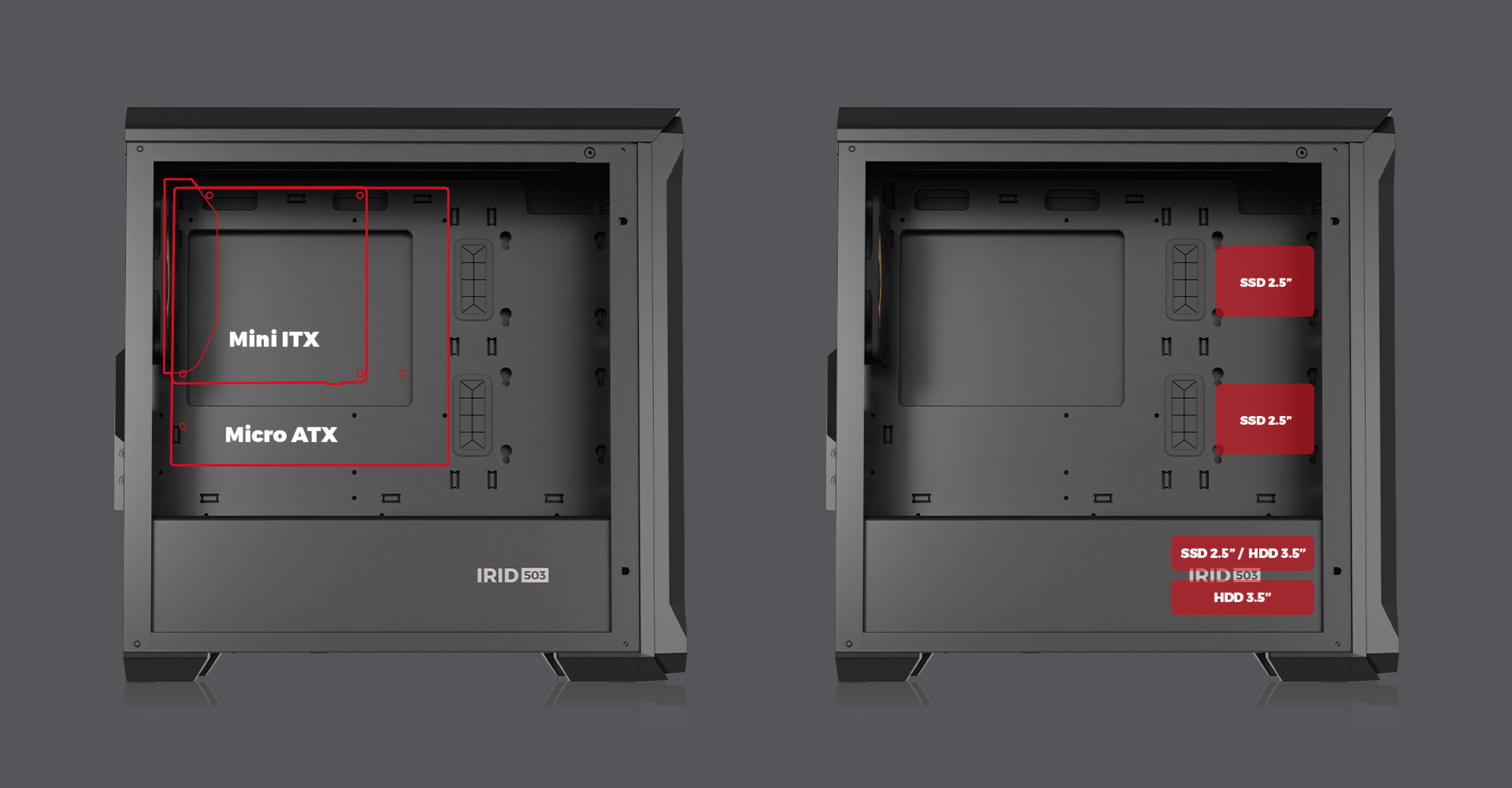 Caja de ordenador mini torre negra con cristal templado, que muestra la disposición interna para placas base Mini ITX y Micro ATX