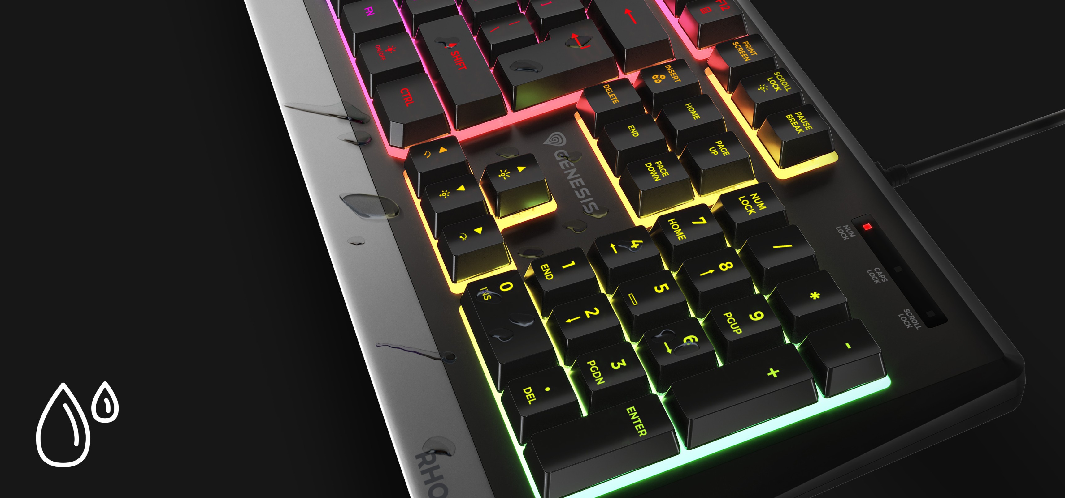 Teclado para juegos RGB con retroiluminación personalizable, con un diseño elegante y teclas resistentes al agua